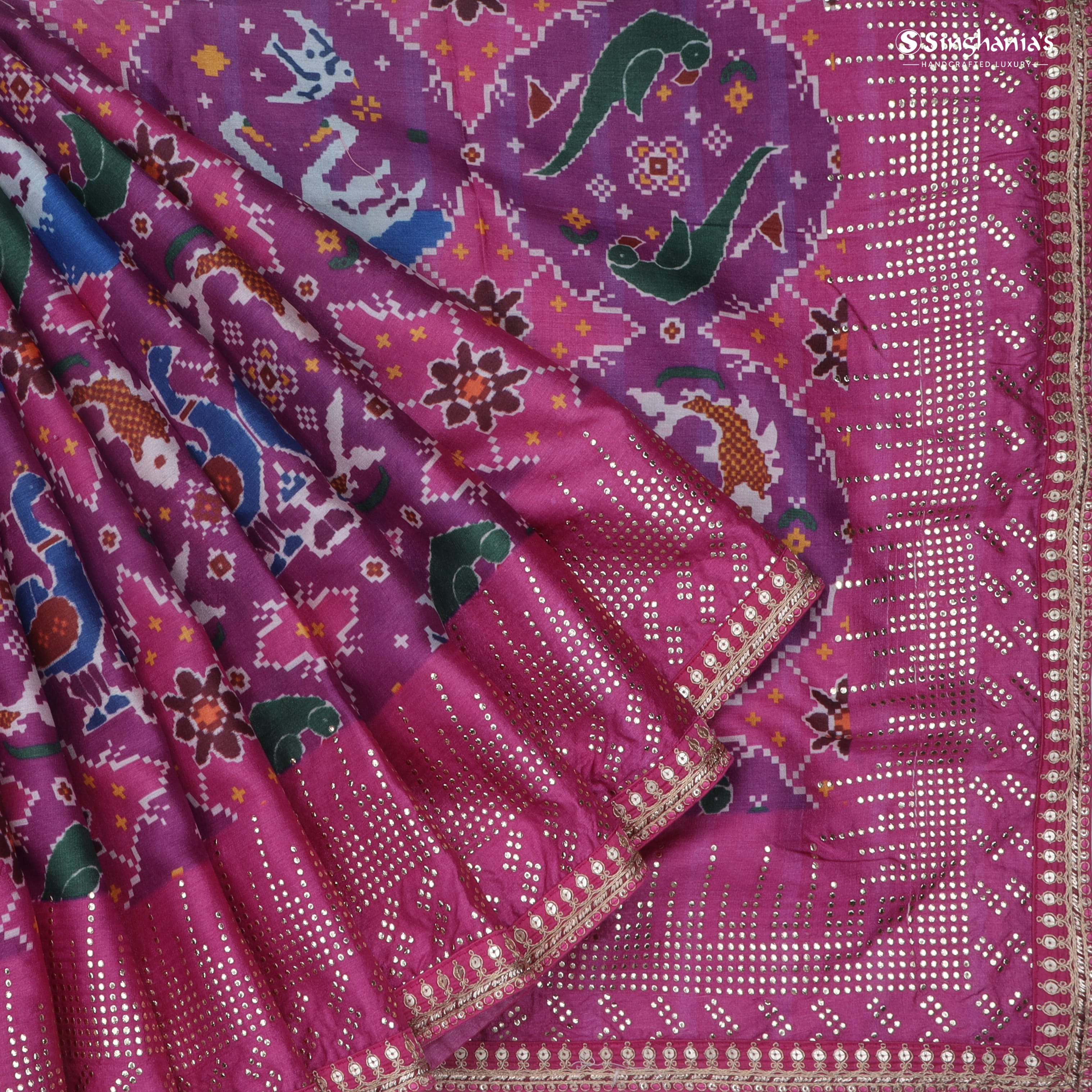 Pink Purple Printed Tussar Saree With Sequin Embroidery