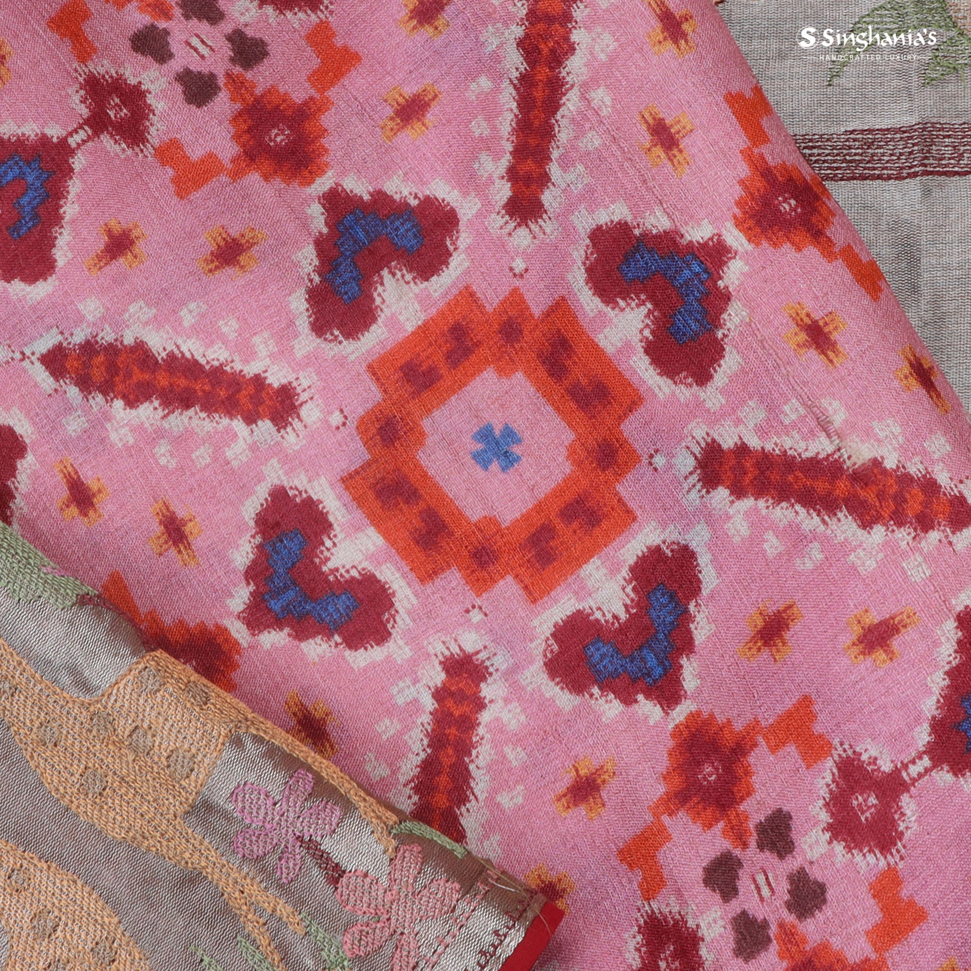 Pastel Pink Tussar Saree With Patola Pattern