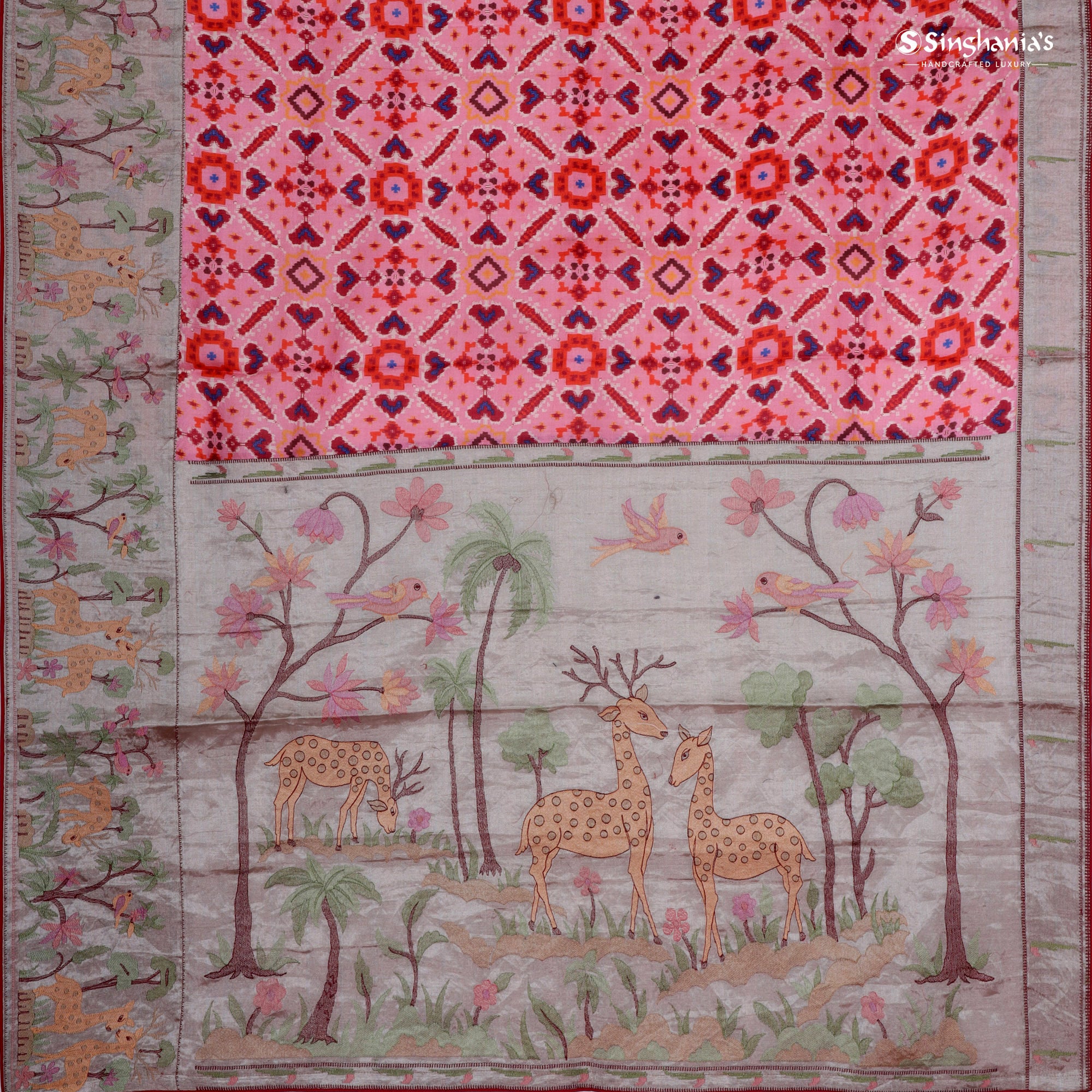 Pastel Pink Tussar Saree With Patola Pattern
