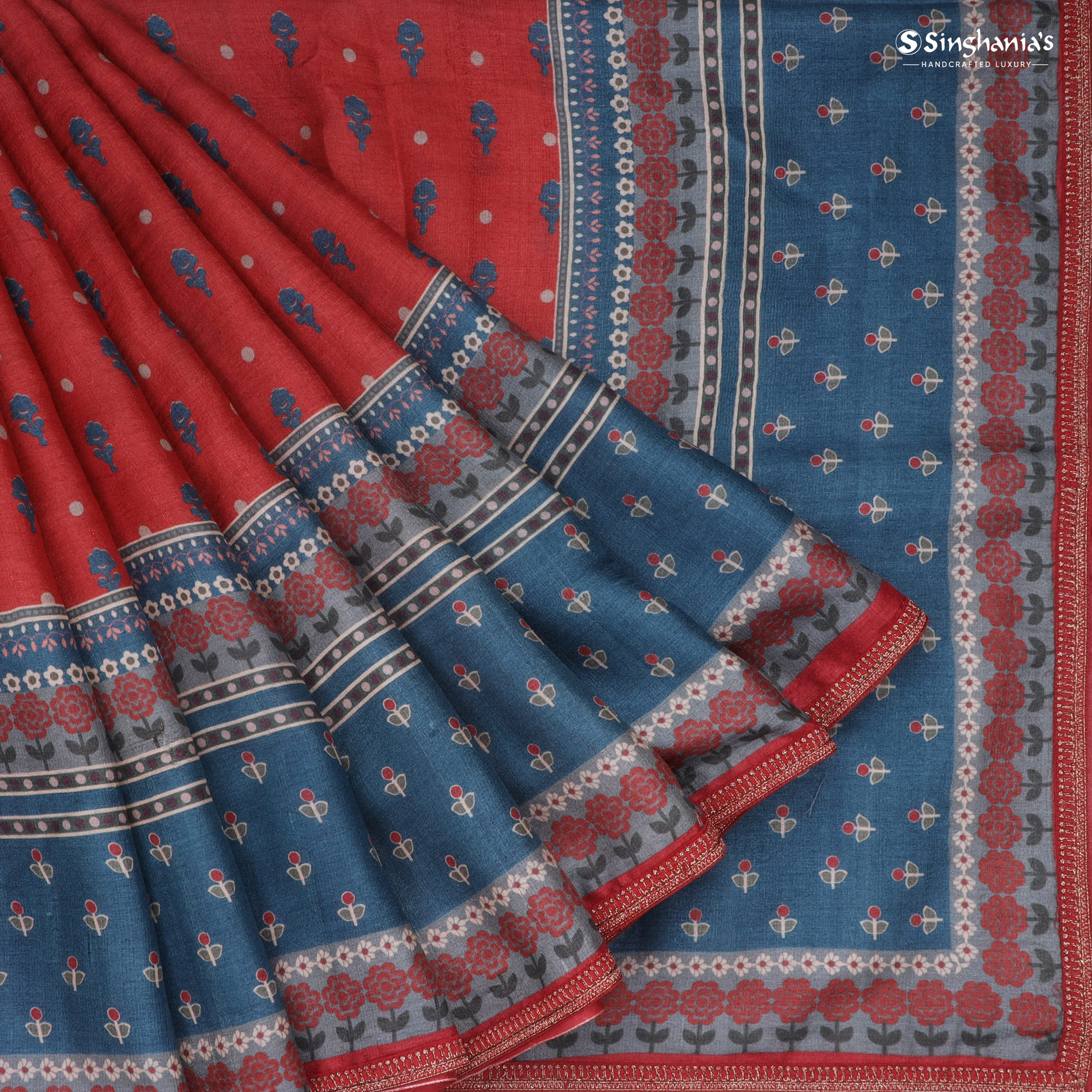 Brick Red Tussar Saree With Floral Printed Motifs