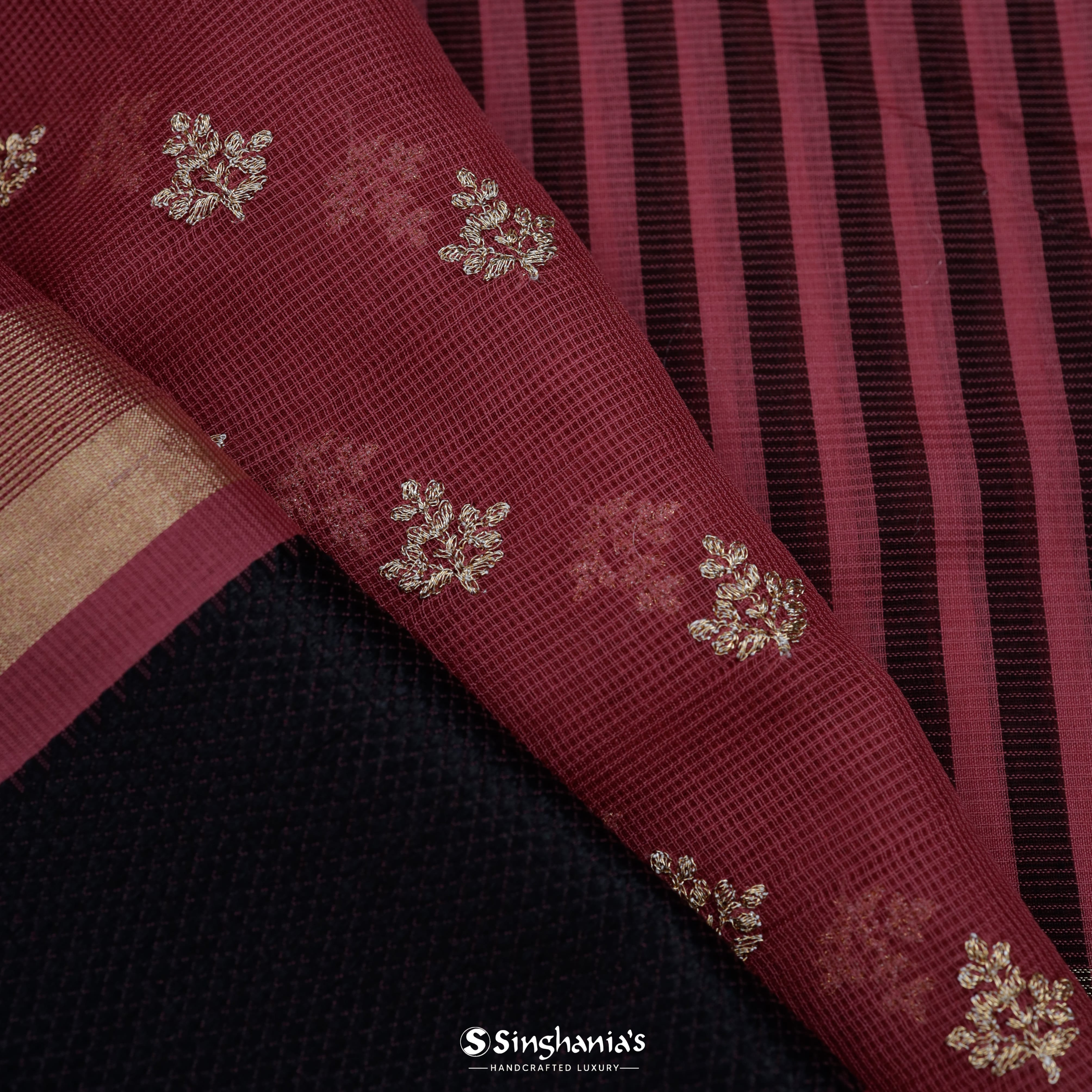 Garnet Red Chanderi Embroidery Saree With Floral Embroidery Motifs