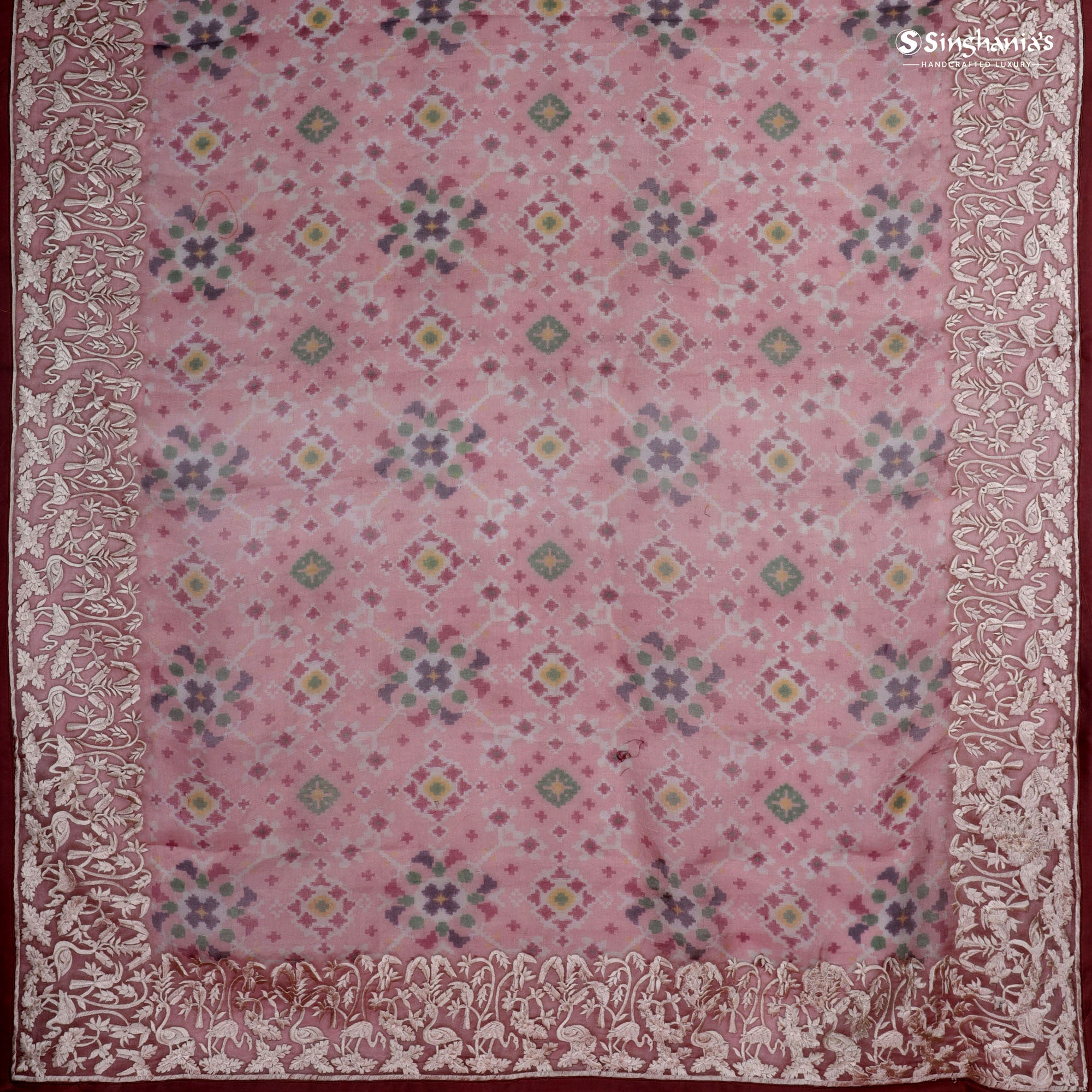 Pale Pink Printed Tissue Silk Saree With Parsi Embroidery