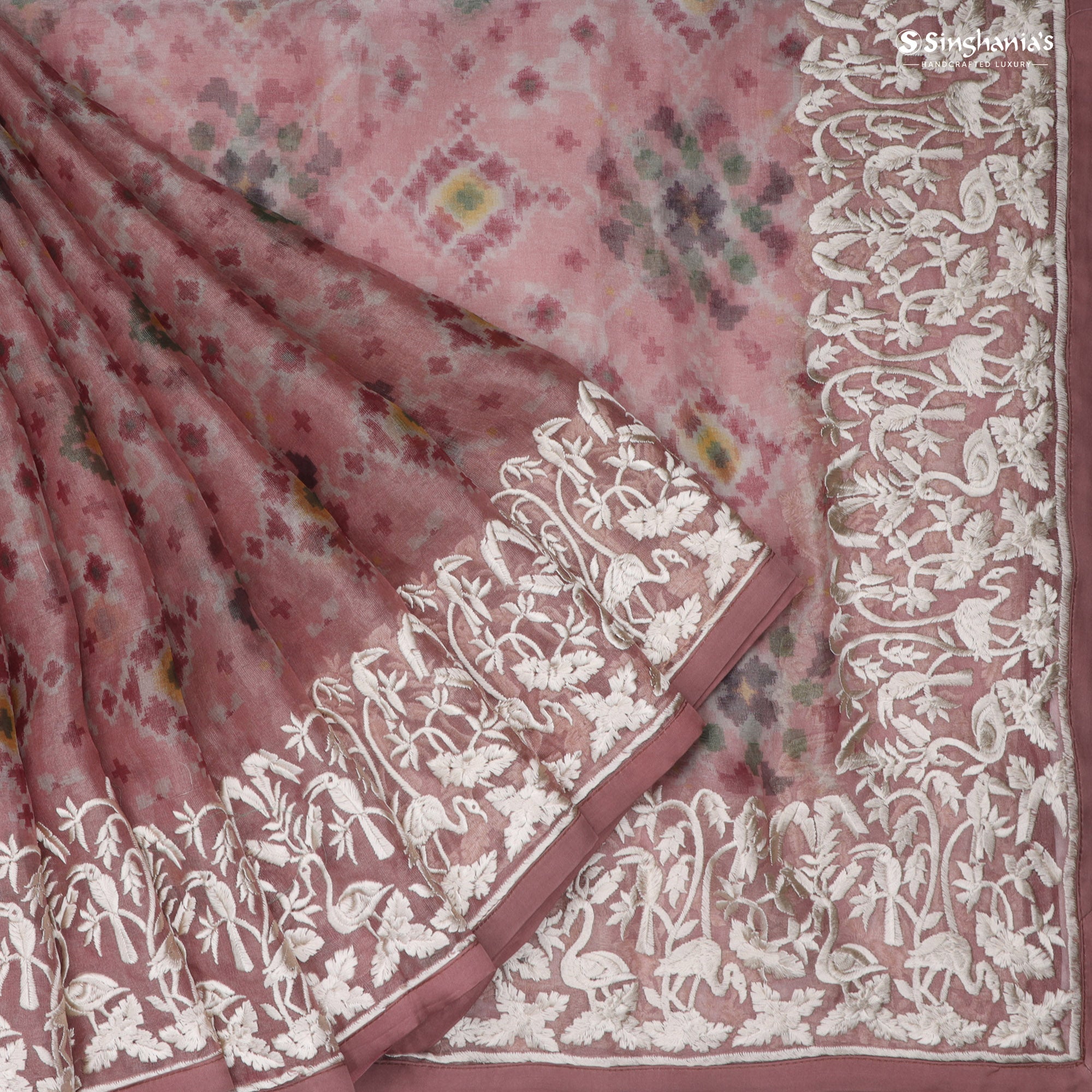 Pale Pink Printed Tissue Silk Saree With Parsi Embroidery