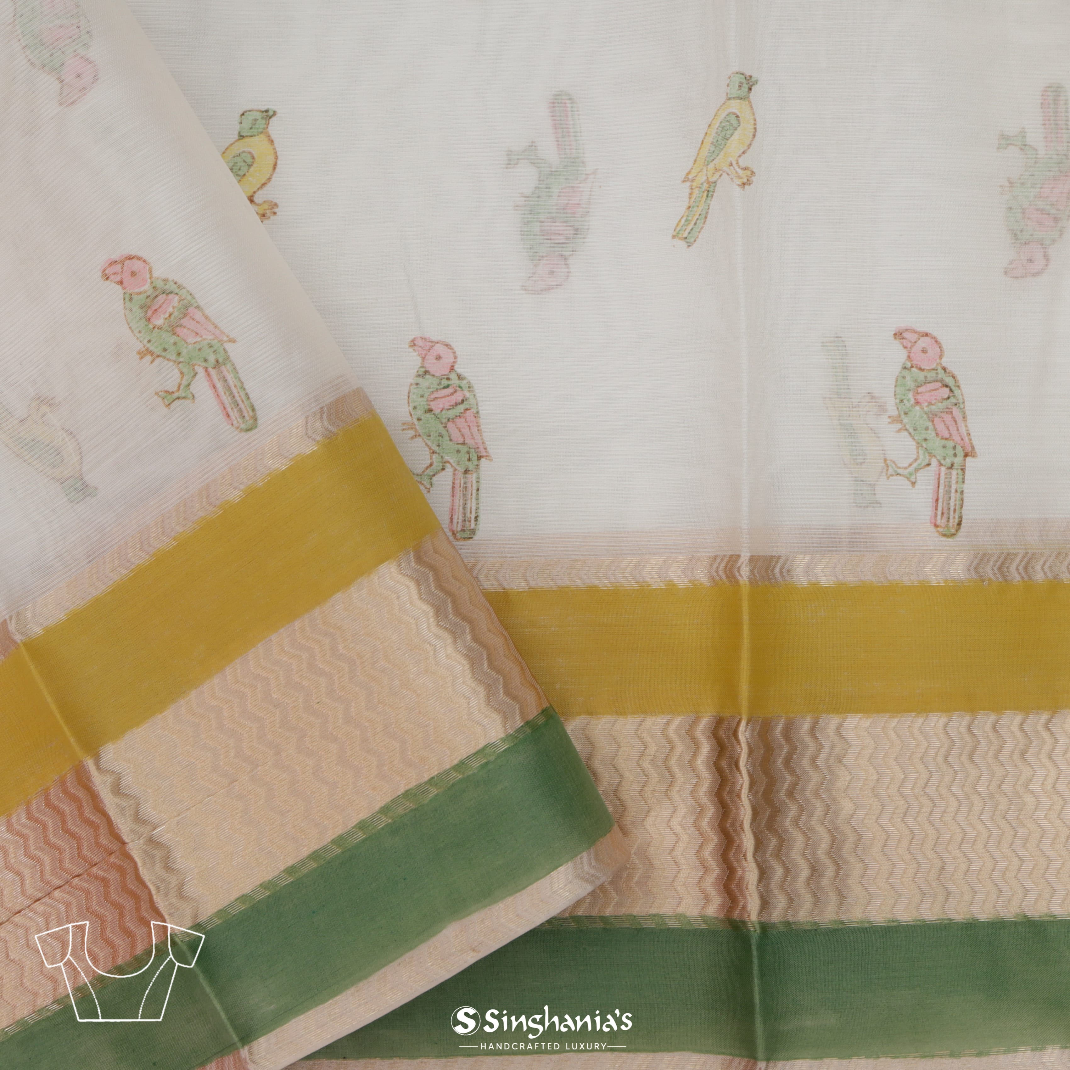 Daisy White Maheshwari Printed Saree With Nature Inspired Motif Pattern