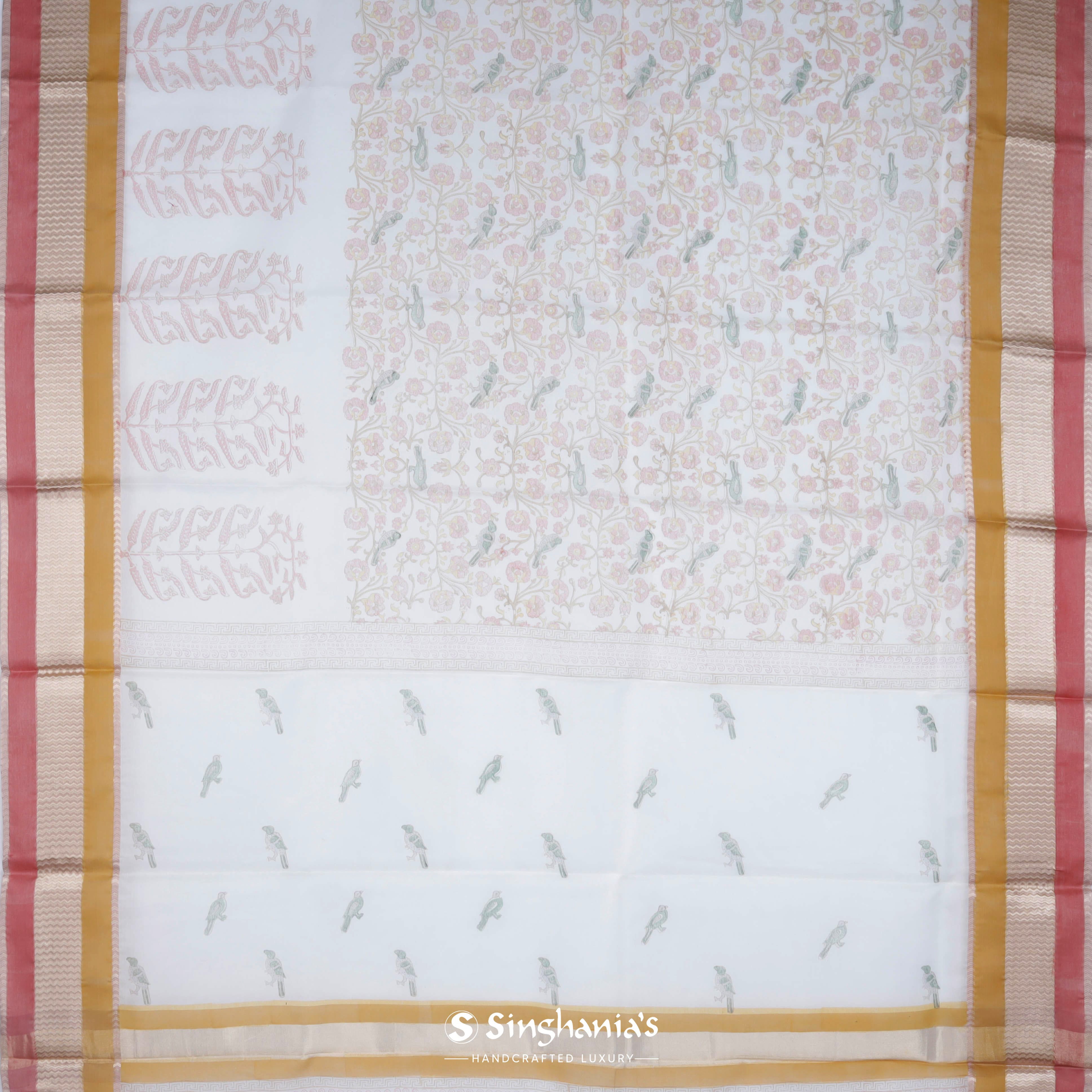 Daisy White Maheshwari Printed Saree With Nature Inspired Motif Pattern