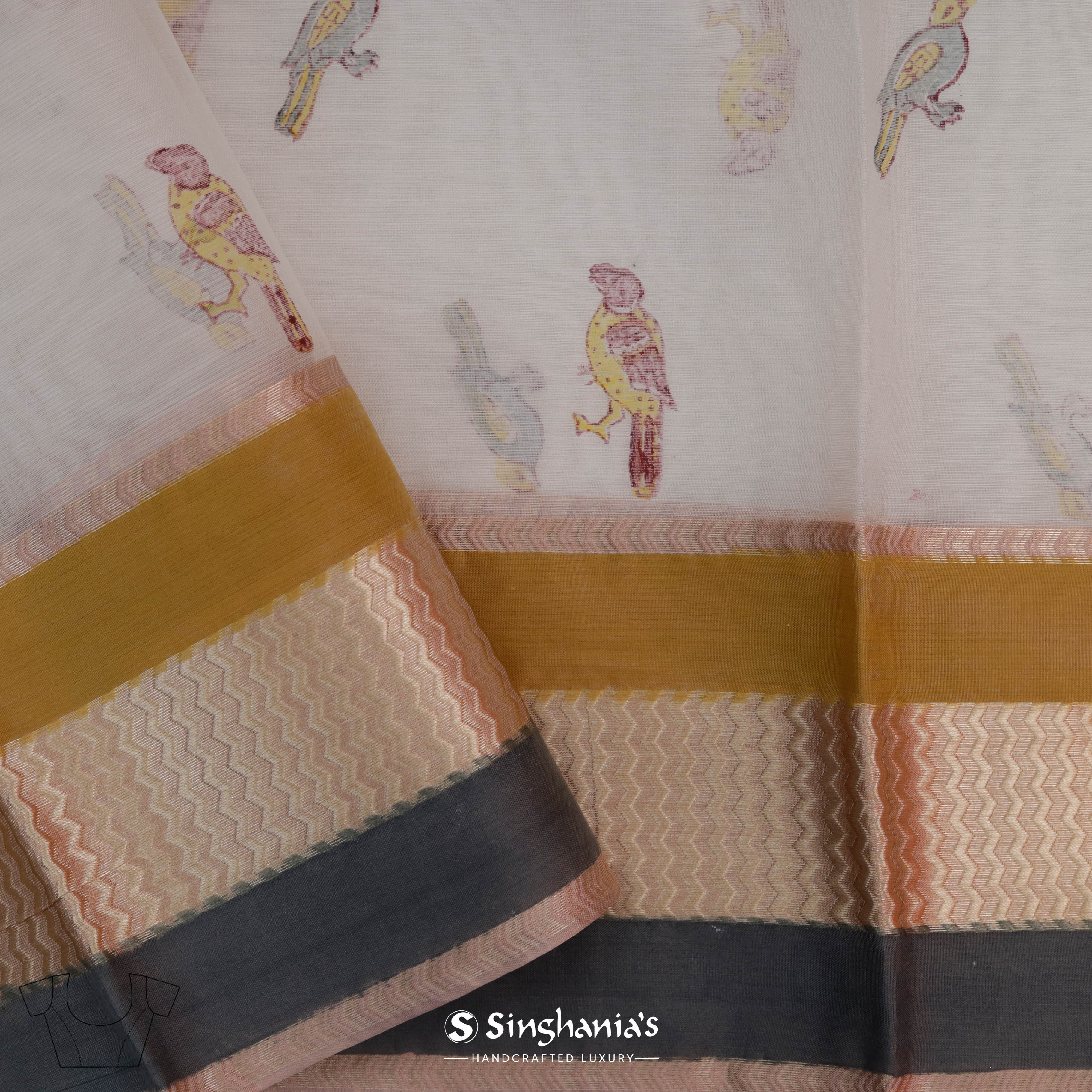 Ash White Maheshwari Printed Saree With Nature Inspired Motif Pattern