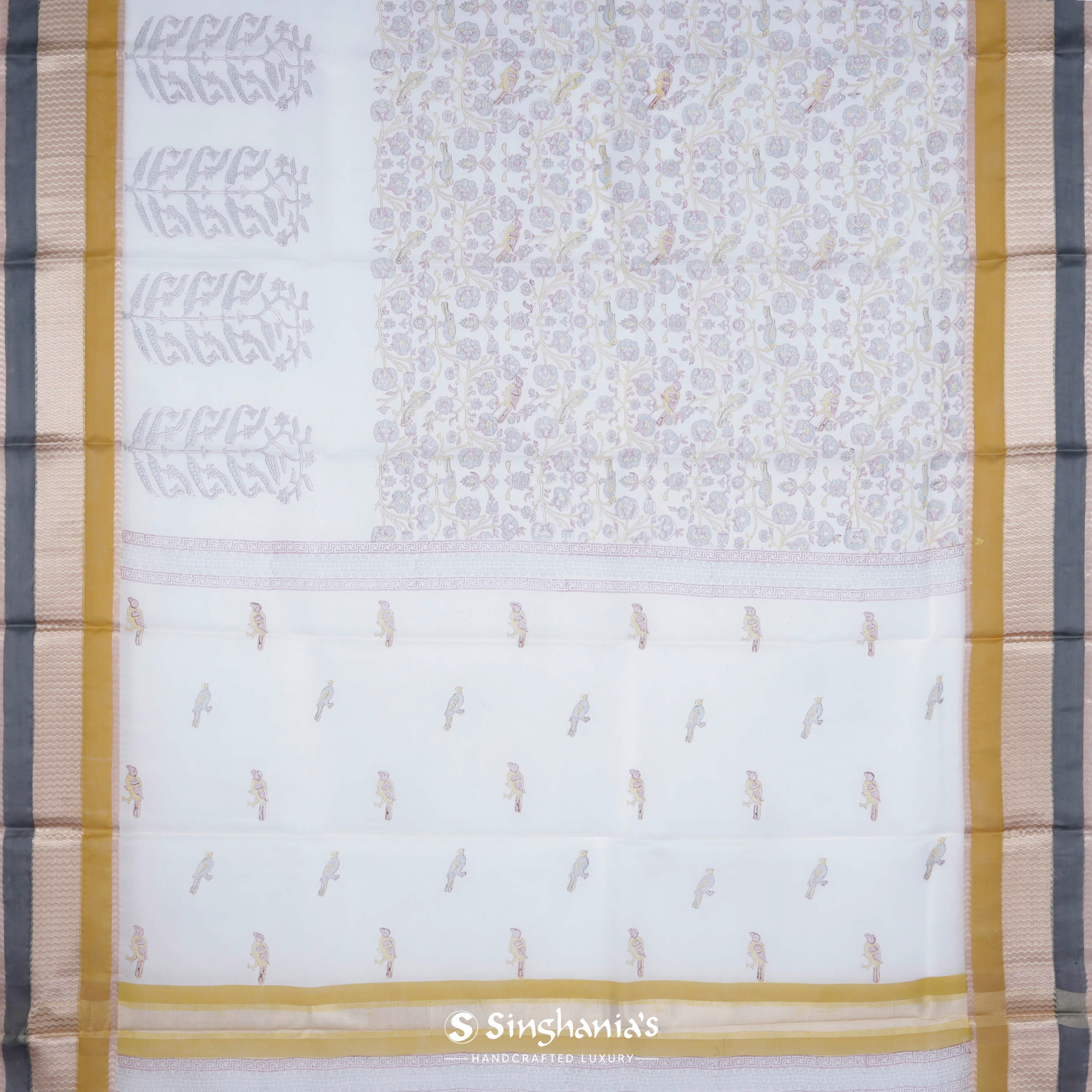 Ash White Maheshwari Printed Saree With Nature Inspired Motif Pattern