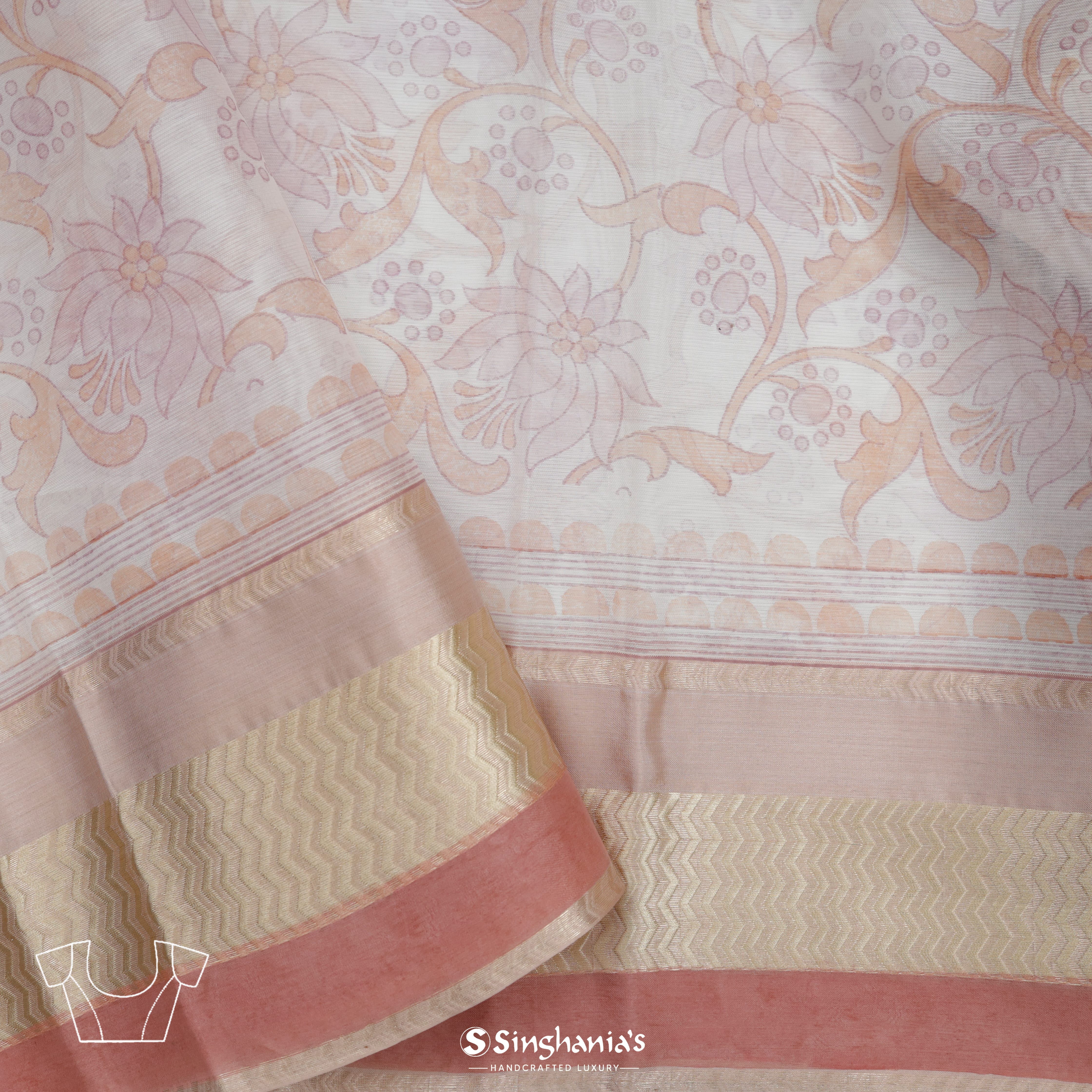 Cloud White Maheshwari Printed Silk Saree With Floral Jaal Pattern