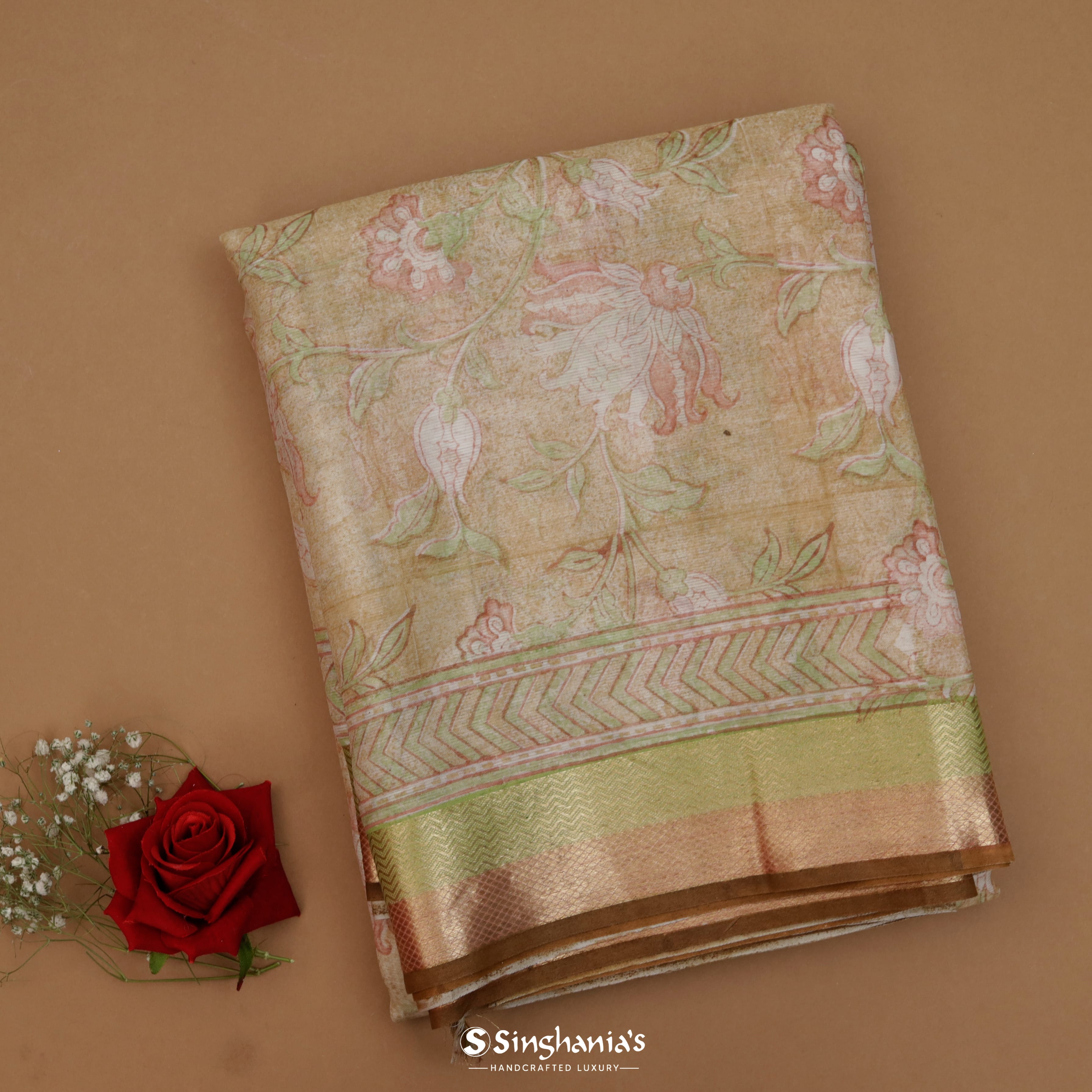 Pastel Mint Green Maheshwari Printed Silk Saree With Floral Motif Pattern