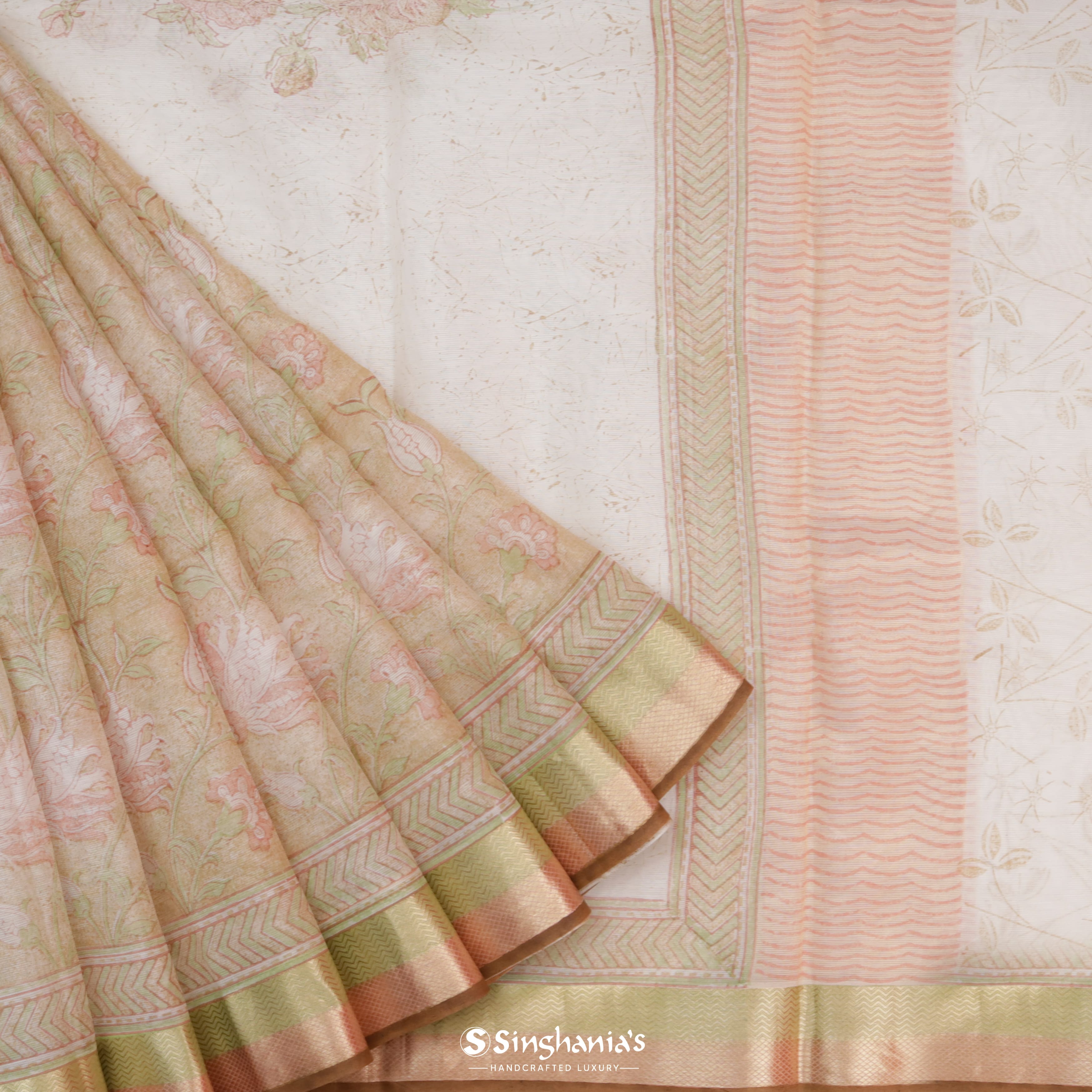 Pastel Mint Green Maheshwari Printed Silk Saree With Floral Motif Pattern