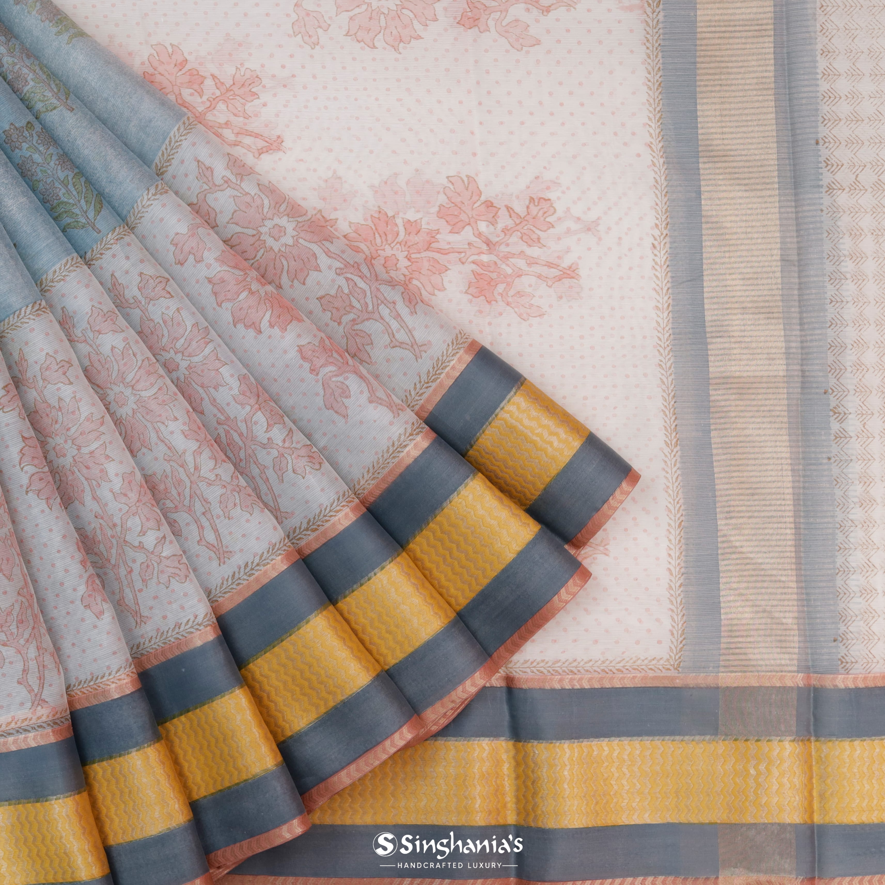 Dual Shade Maheshwari Printed Silk Saree With Floral Pattern