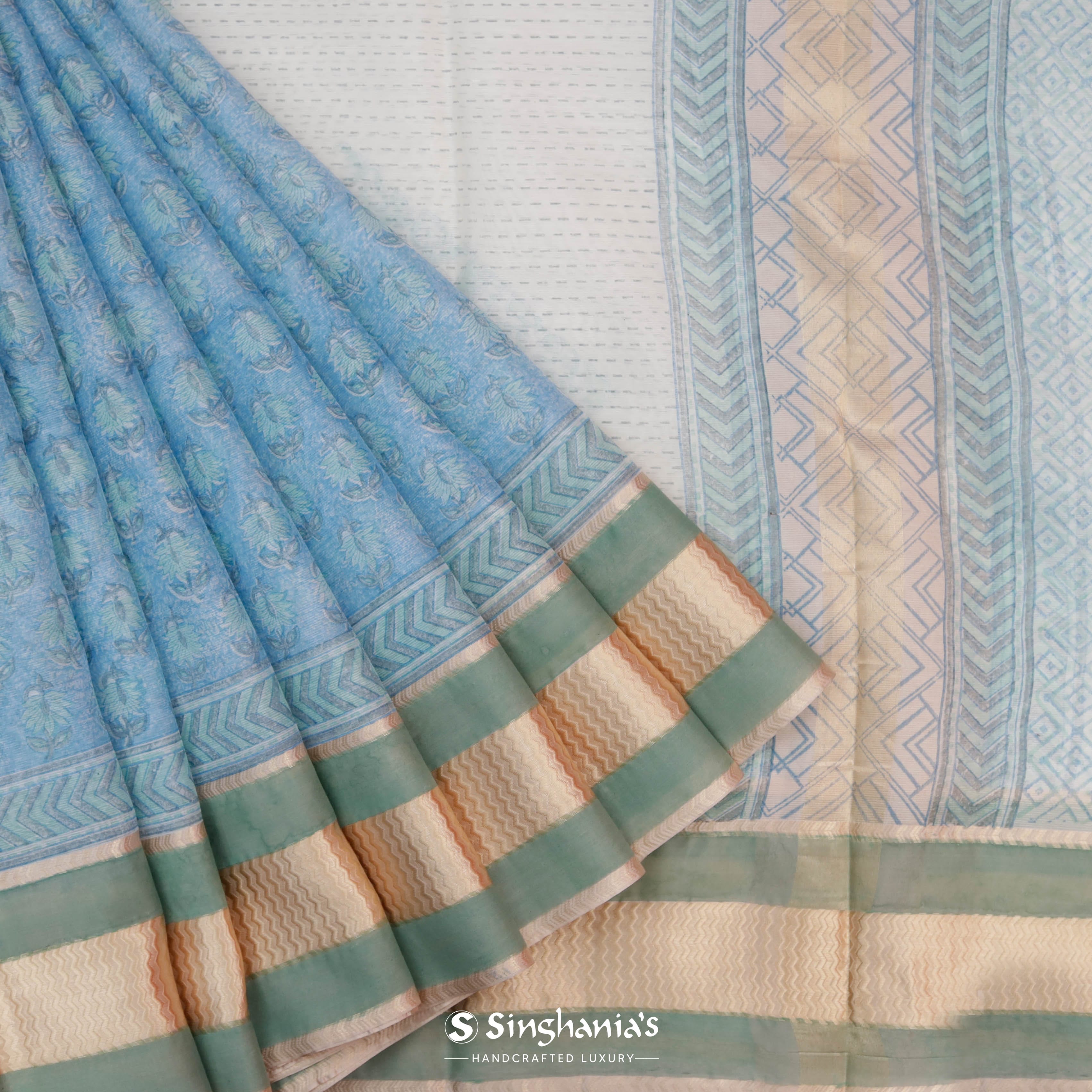 Sky Blue Maheshwari Printed Saree With Floral Buttas