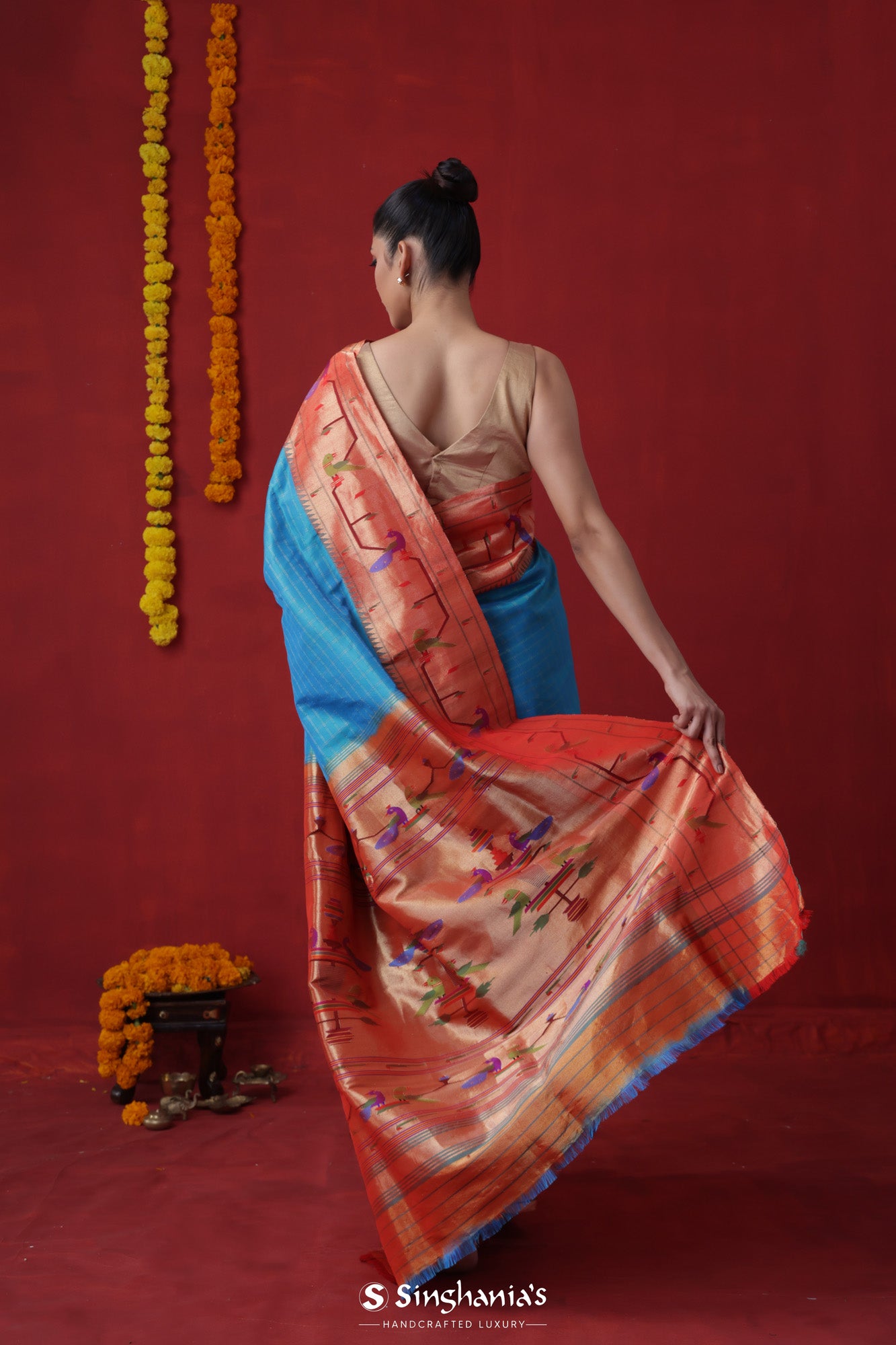 Electric Blue Paithani Silk Saree With Checks Pattern