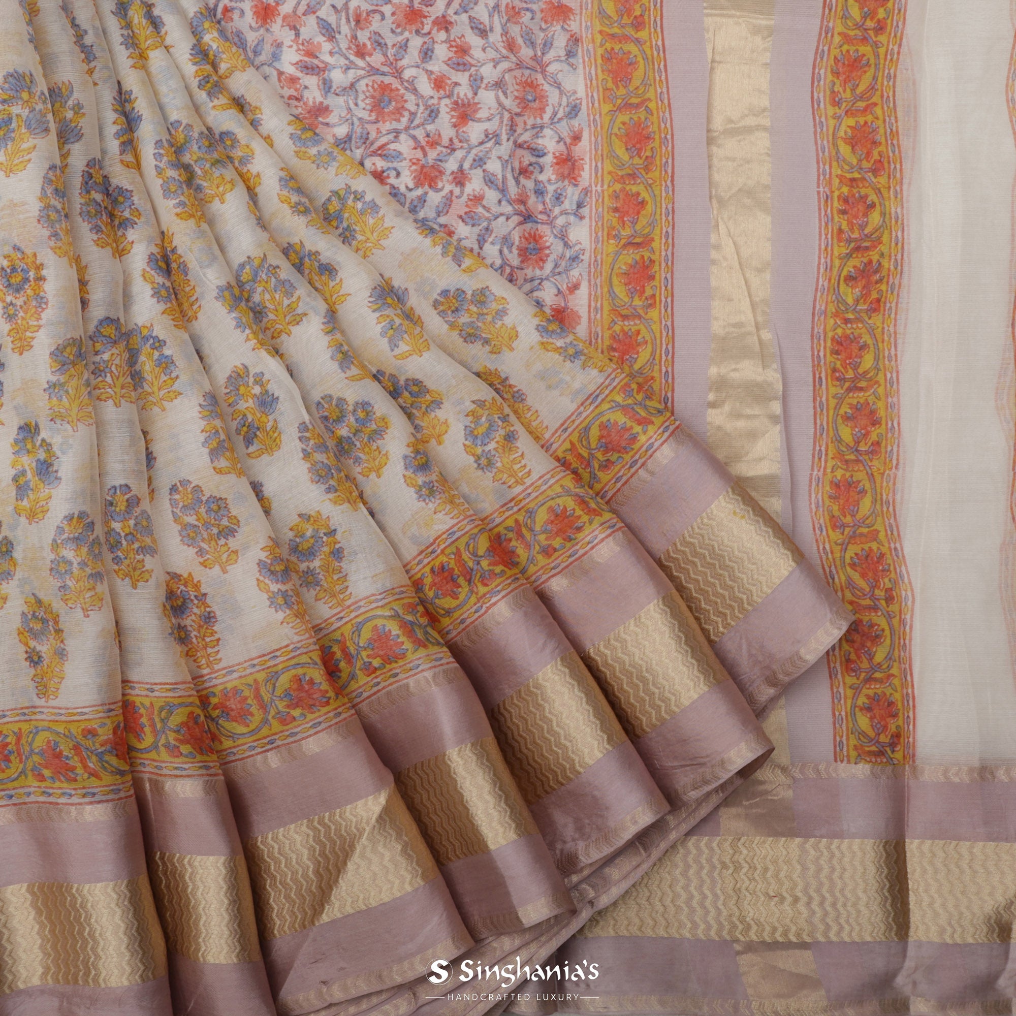 Off White Printed Maheshwari Saree With Floral Jaal Design