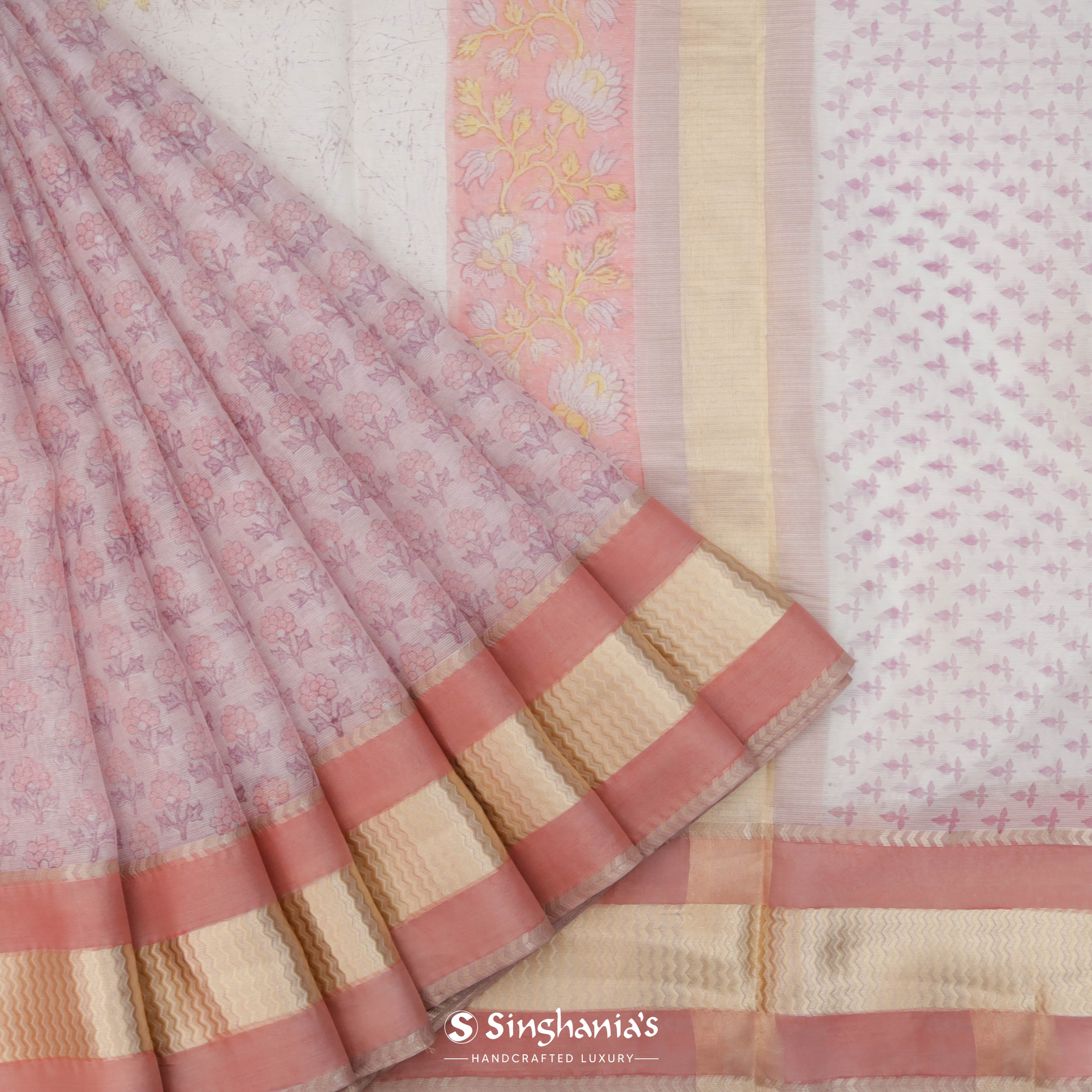 Pastel Pink Maheshwari Printed Saree With Floral Buttas