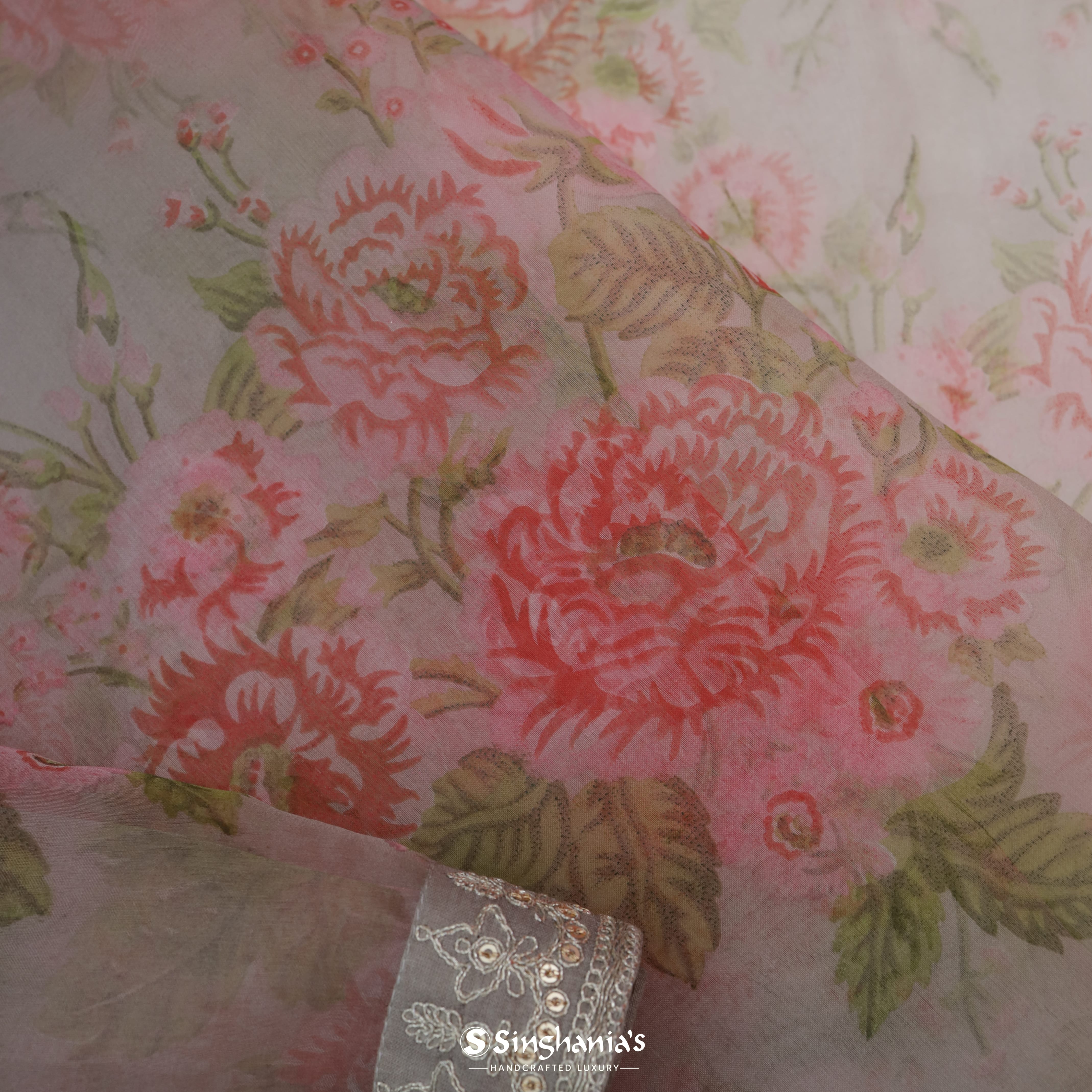 Baby Pink Organza Bandhani Saree With Floral Jaal Design