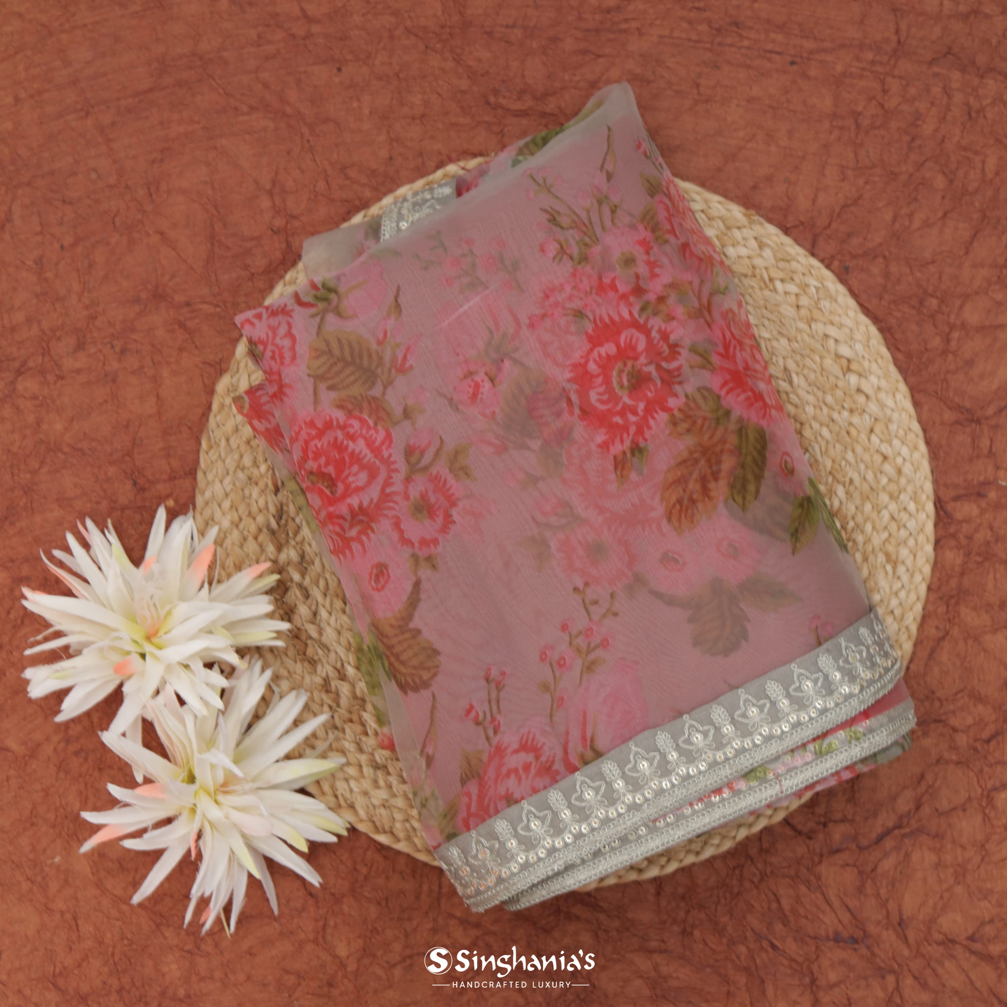 Baby Pink Organza Bandhani Saree With Floral Jaal Design