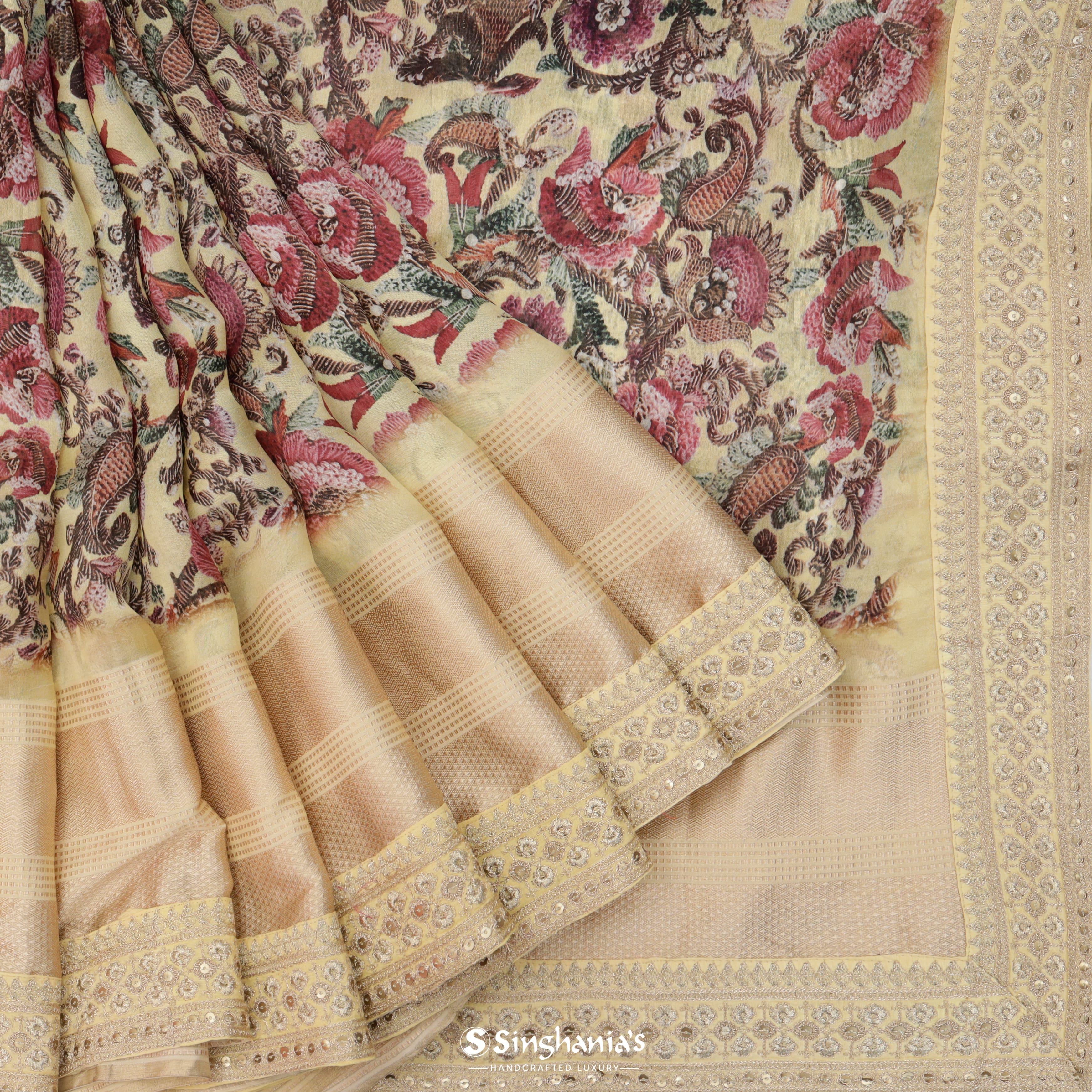 Butter Yellow Silk Printed Saree With Floral Pattern