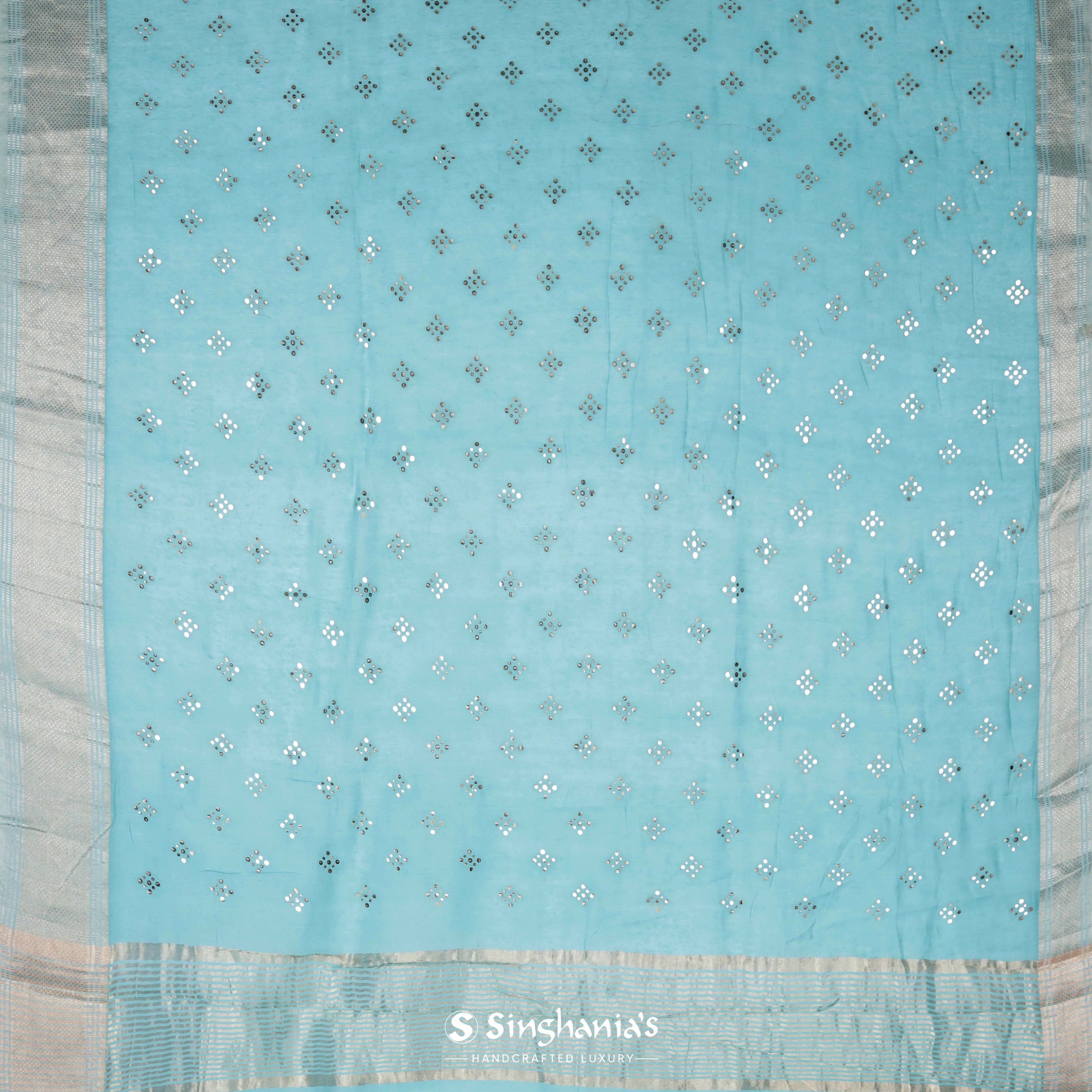 Sky Blue Linen Printed Handloom Saree With Foil Print