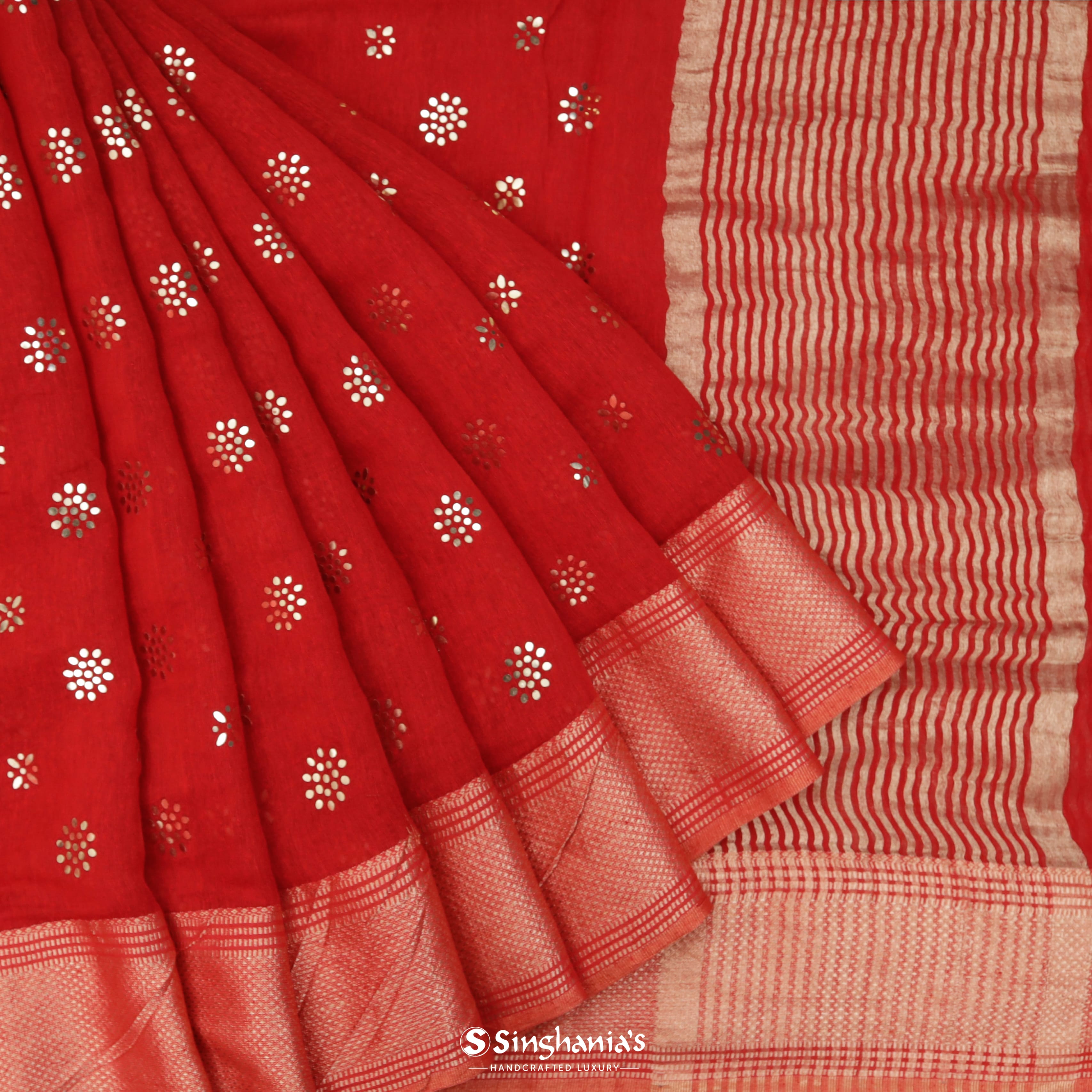 Crimson Red Linen Embroidery Saree With Foil Print