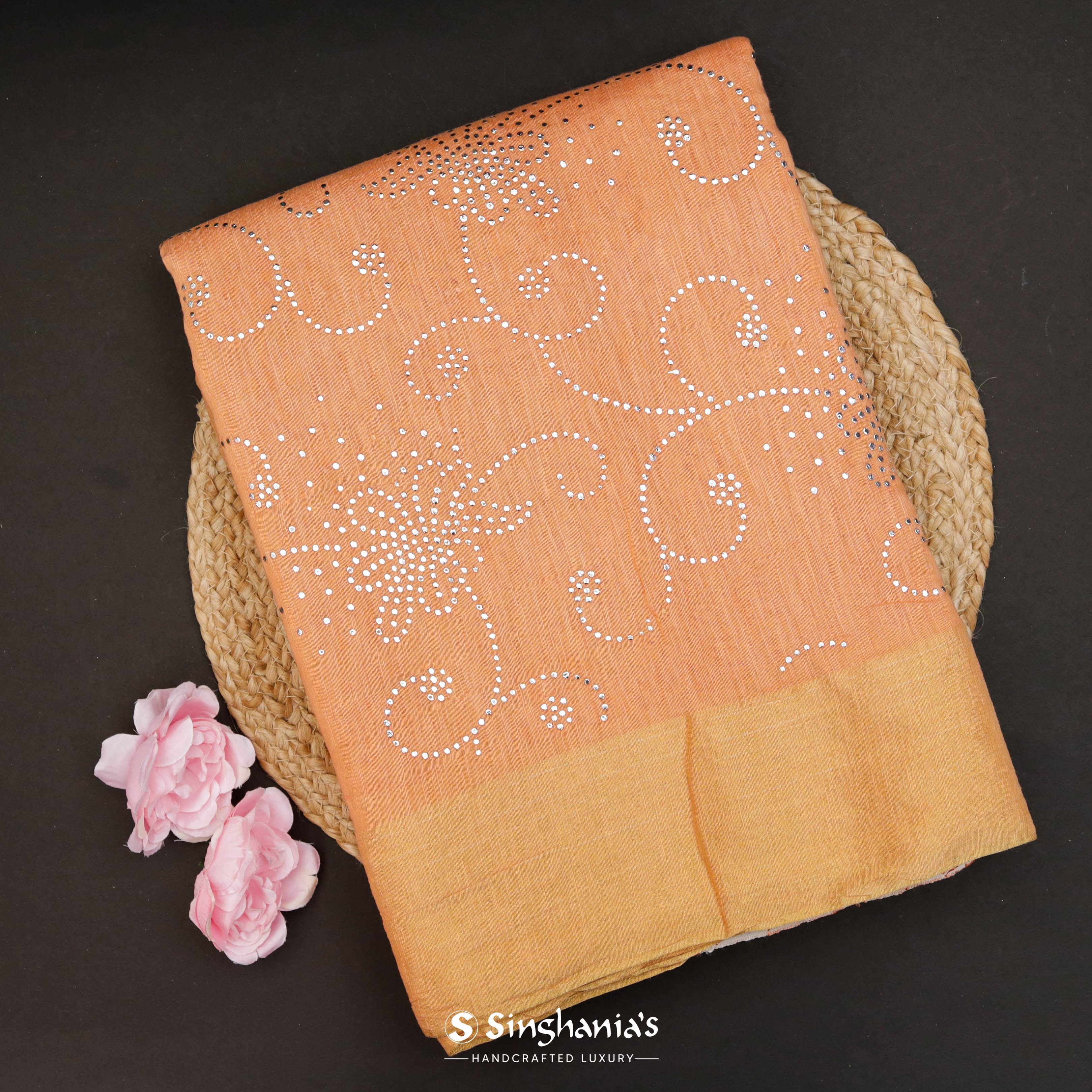 Peach Orange Linen Printed Handloom Saree With Mirror Embroidery Motifs