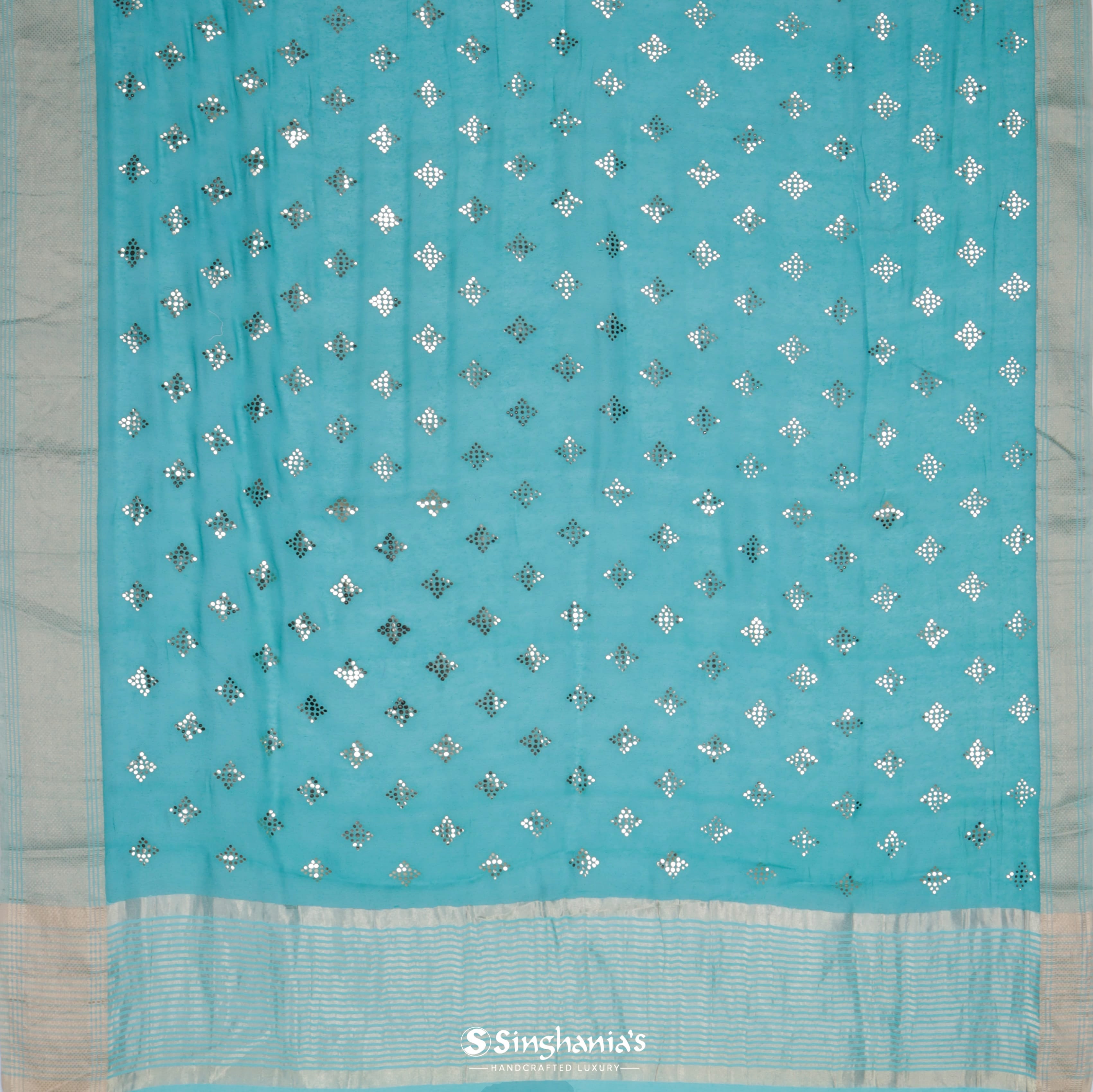 Aquamarine Blue Linen Printed Saree Geometrical Pattern