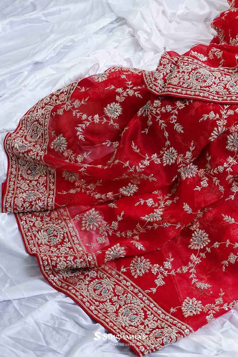 Crimson Red Organza Saree With Floral Embroidery
