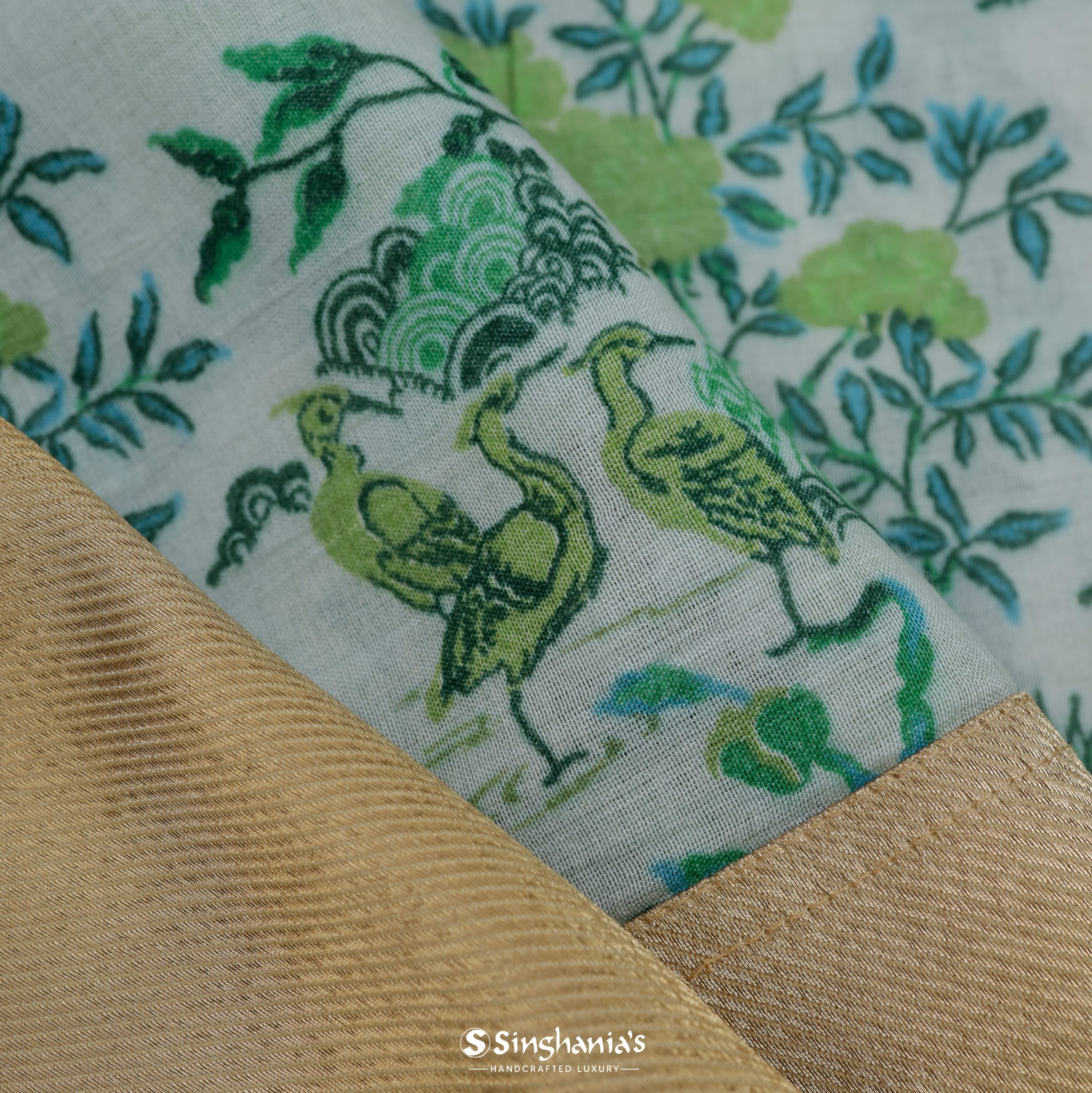 Light Mint Green Maheshwari Printed Silk Saree With Nature Inspired Motif Pattern