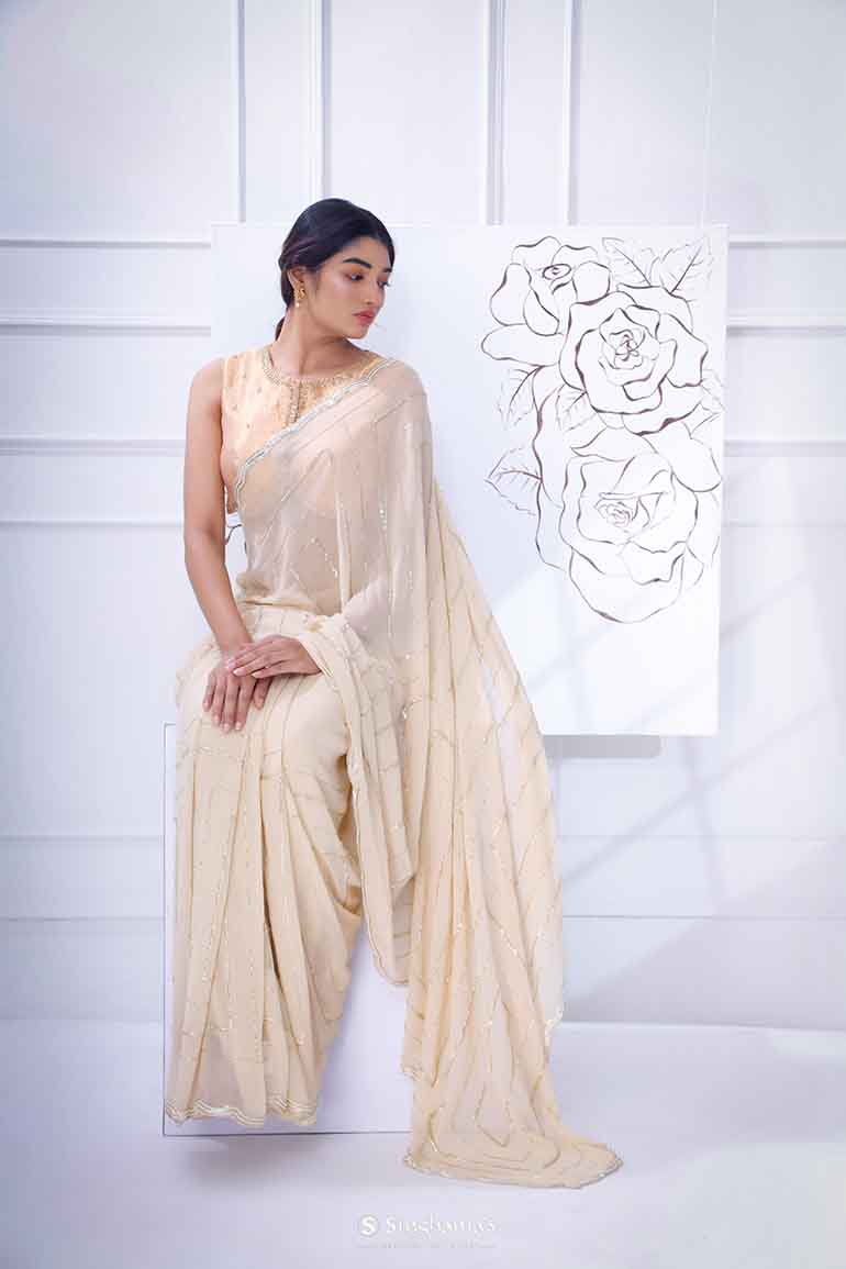 Antique White Georgette Saree With Hand Embroidery