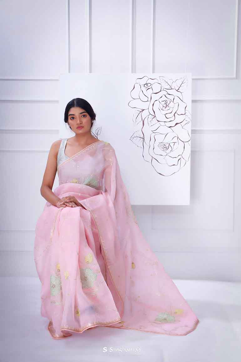 Light Pink Organza Saree With Hand Embroidery