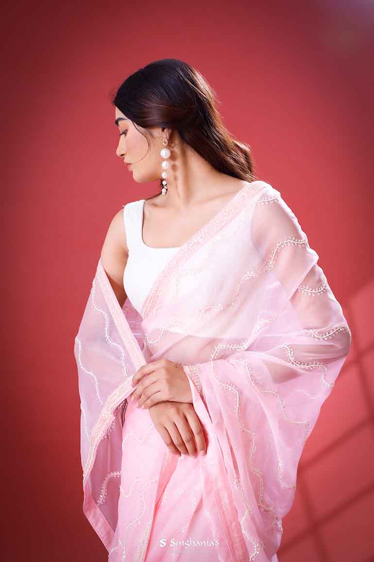Cameo Pink Organza Saree With Hand Embroidery
