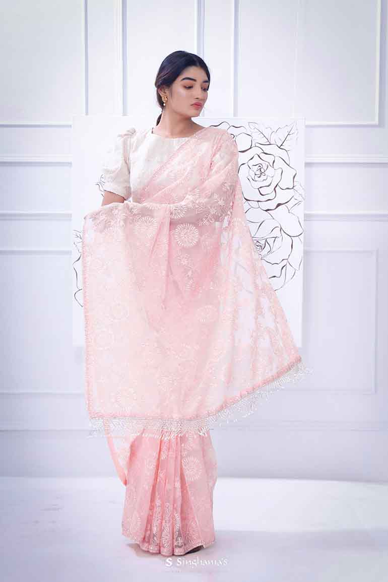 Tea Rose Organza Saree With Hand Embroidery