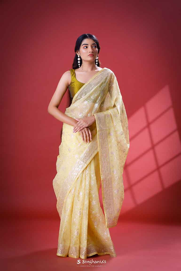 Butter Yellow Organza Saree With Hand Embroidery