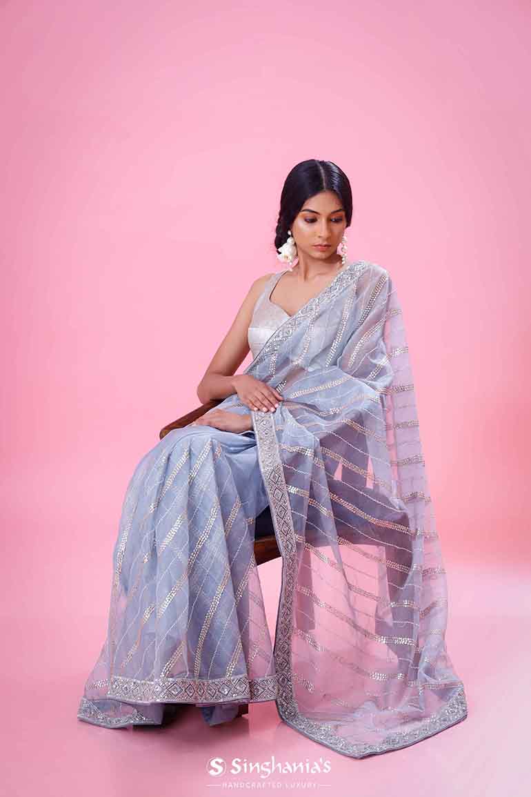 Ice Blue Organza Saree With Hand Embroidery