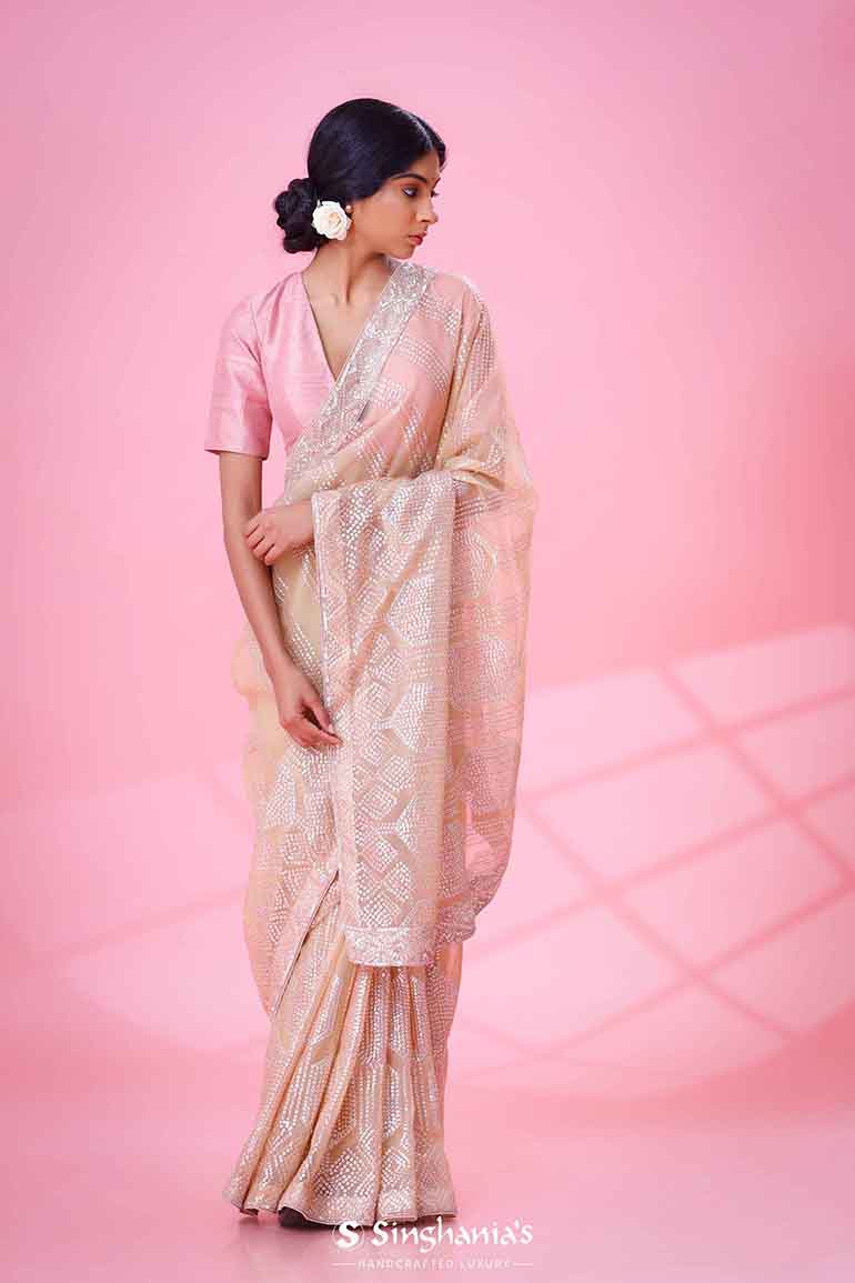 Beige Organza Saree With Sequin Embroidery