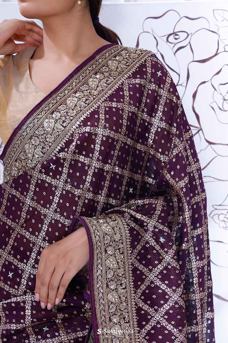Wine Organza Saree With Hand Embroidery