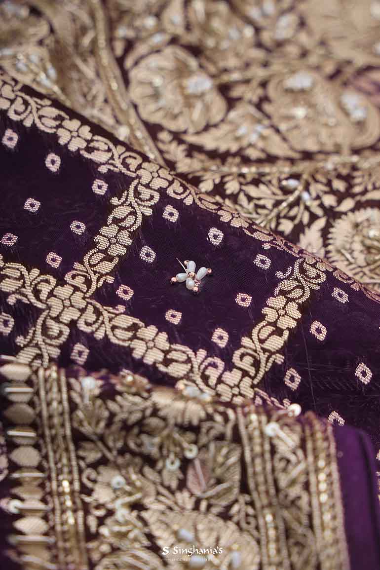 Wine Organza Saree With Hand Embroidery