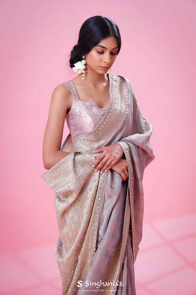 Pastel Purple Silk Saree With Hand Embroidery