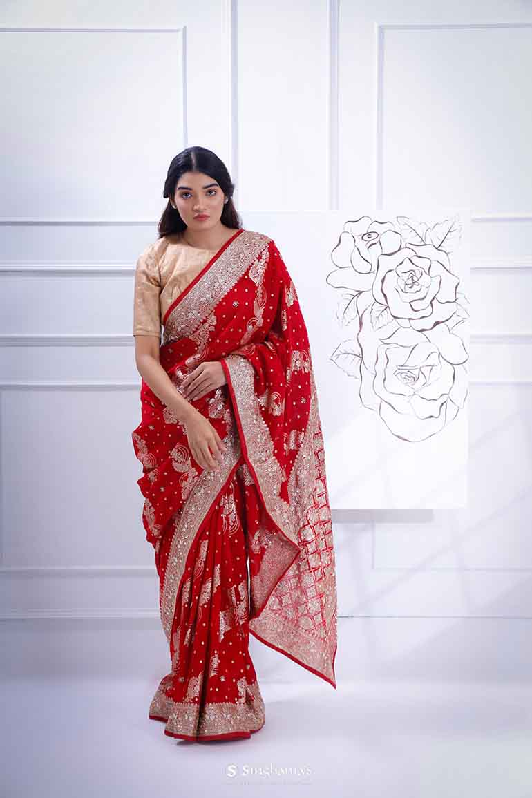 Ajax Red Organza Saree With Hand Embroidery