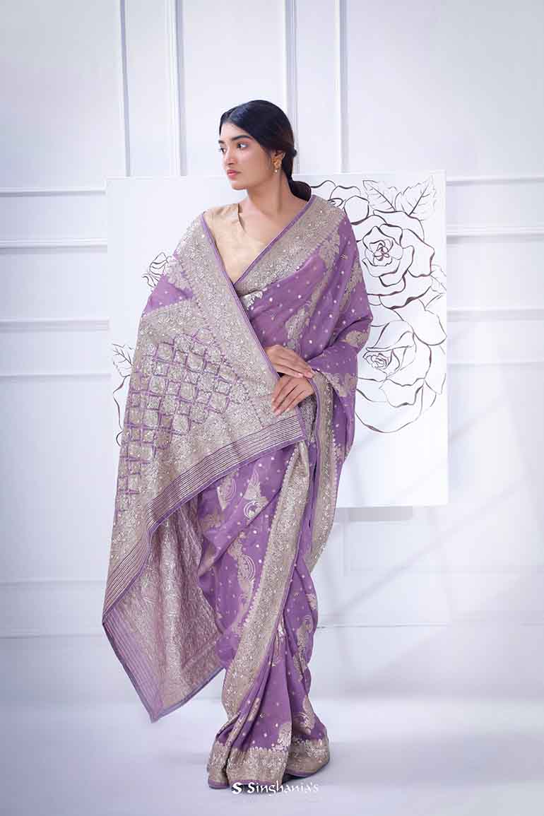 African Violet Organza Saree With Hand Embroidery