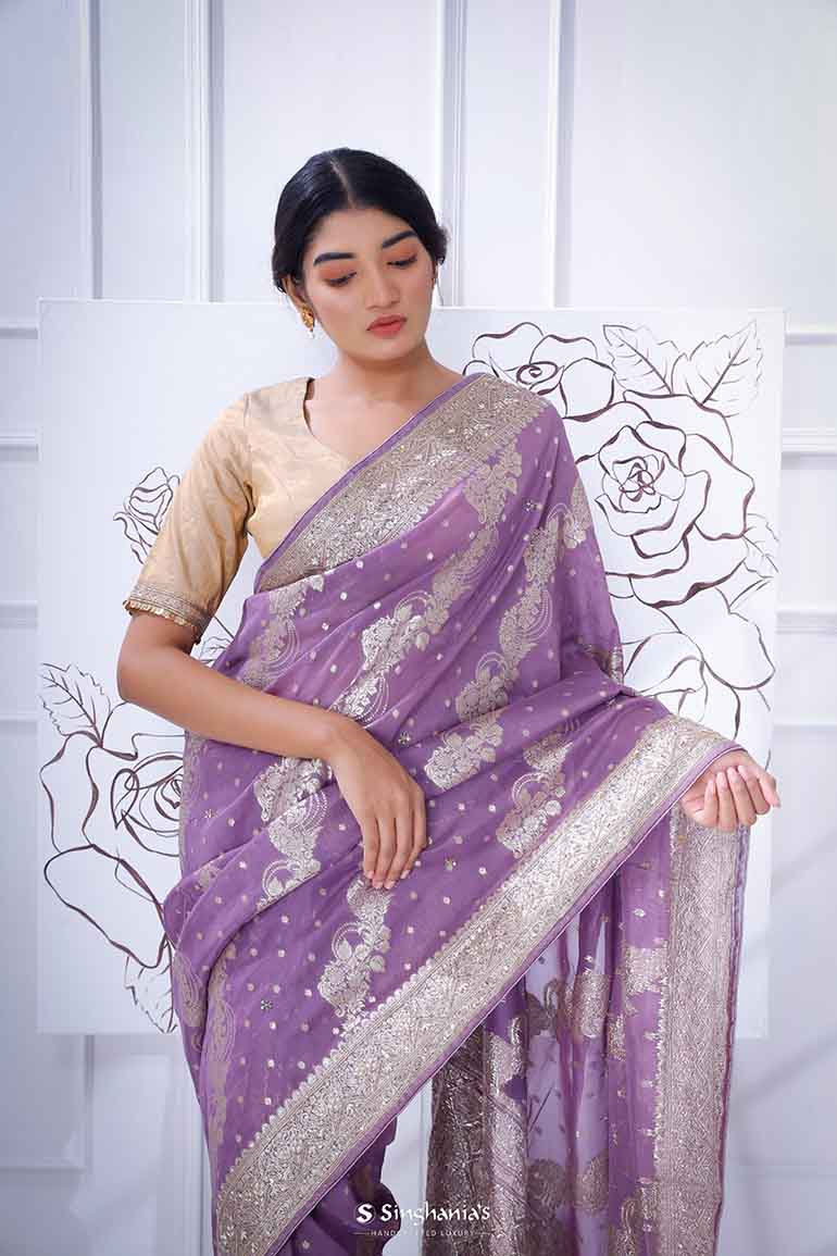 African Violet Organza Saree With Hand Embroidery