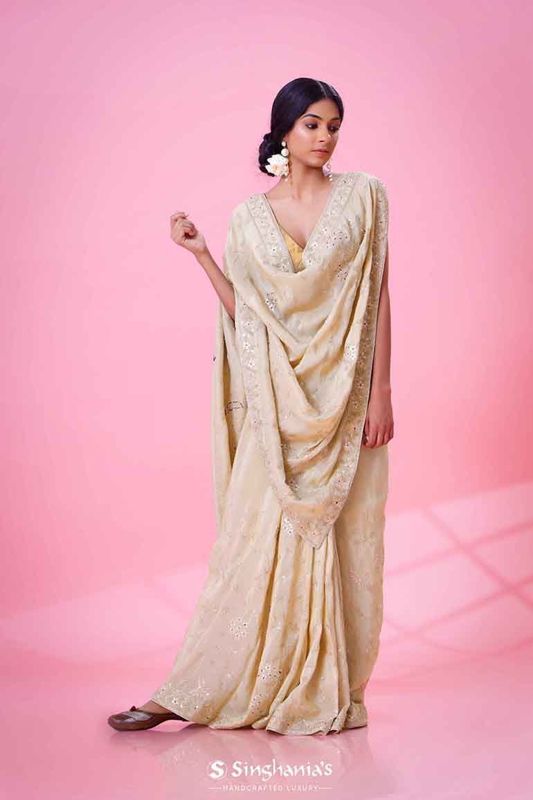 Cream Tissue Saree With Hand Embroidery