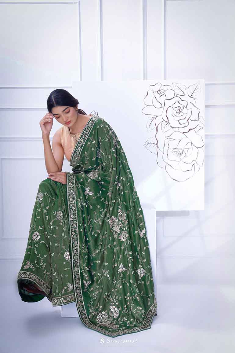 Hunter Green Tissue Saree With Hand Embroidery
