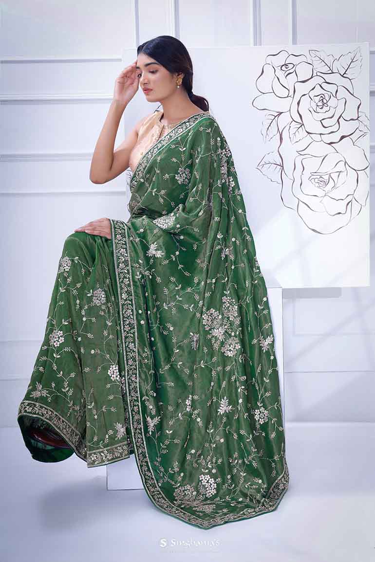 Hunter Green Tissue Saree With Hand Embroidery