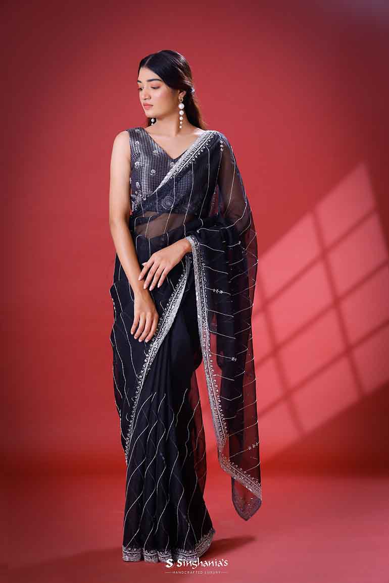 Black Organza Saree With Hand Embroidery