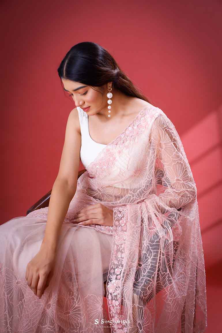Pastel Pink Net Saree With Hand Embroidery