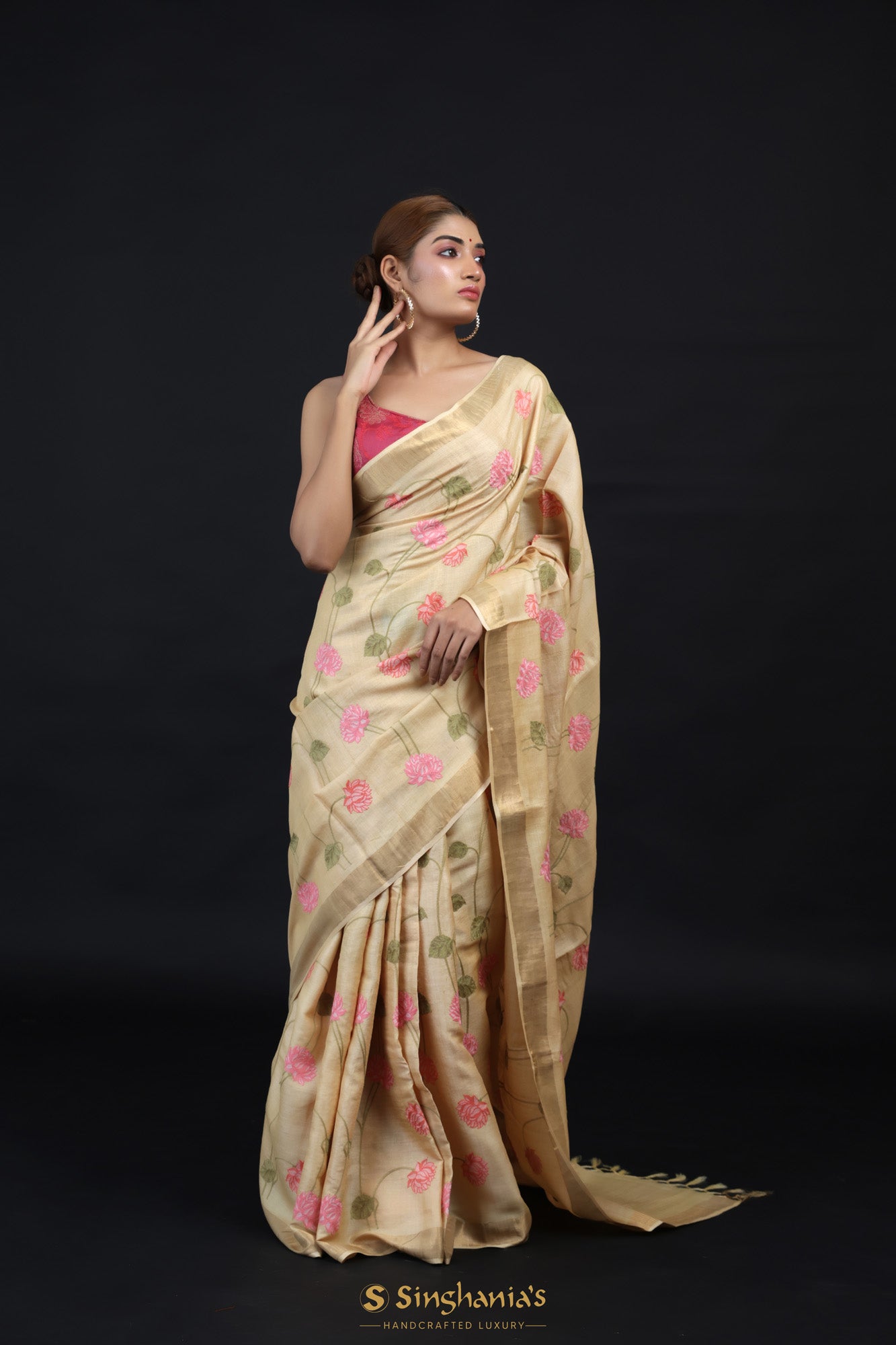 Beige Brown Tussar Silk Saree With Floral Embroidery