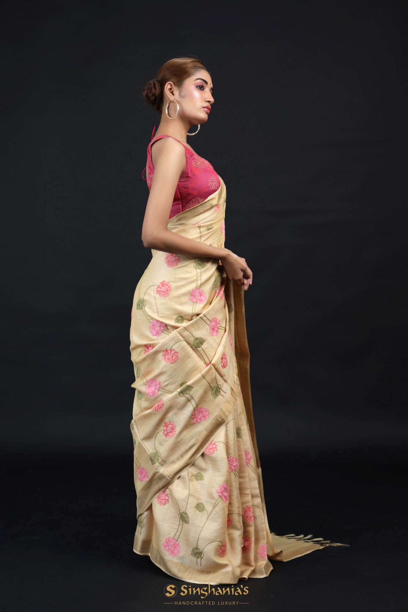 Beige Brown Tussar Silk Saree With Floral Embroidery