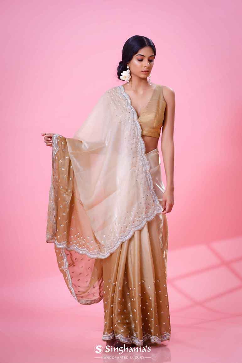Beige Ombre Organza Saree With Hand Embroidery
