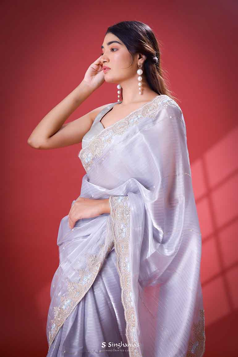 Banarasee Organza Mix Saree With Silver Leaf Buta & Border-Lavender